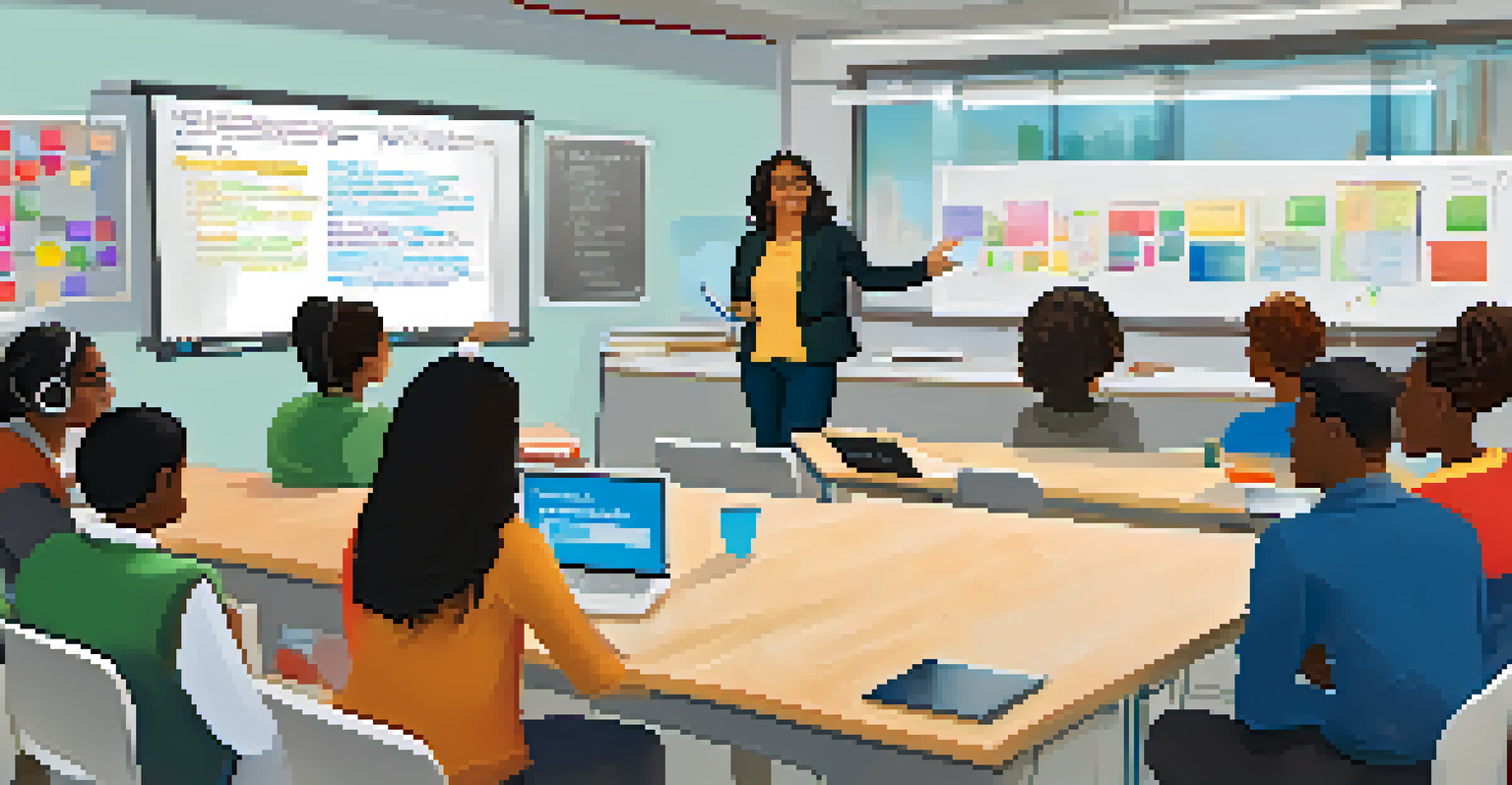 A teacher conducting a workshop on technology in education, with educators engaged in discussions around digital tools.