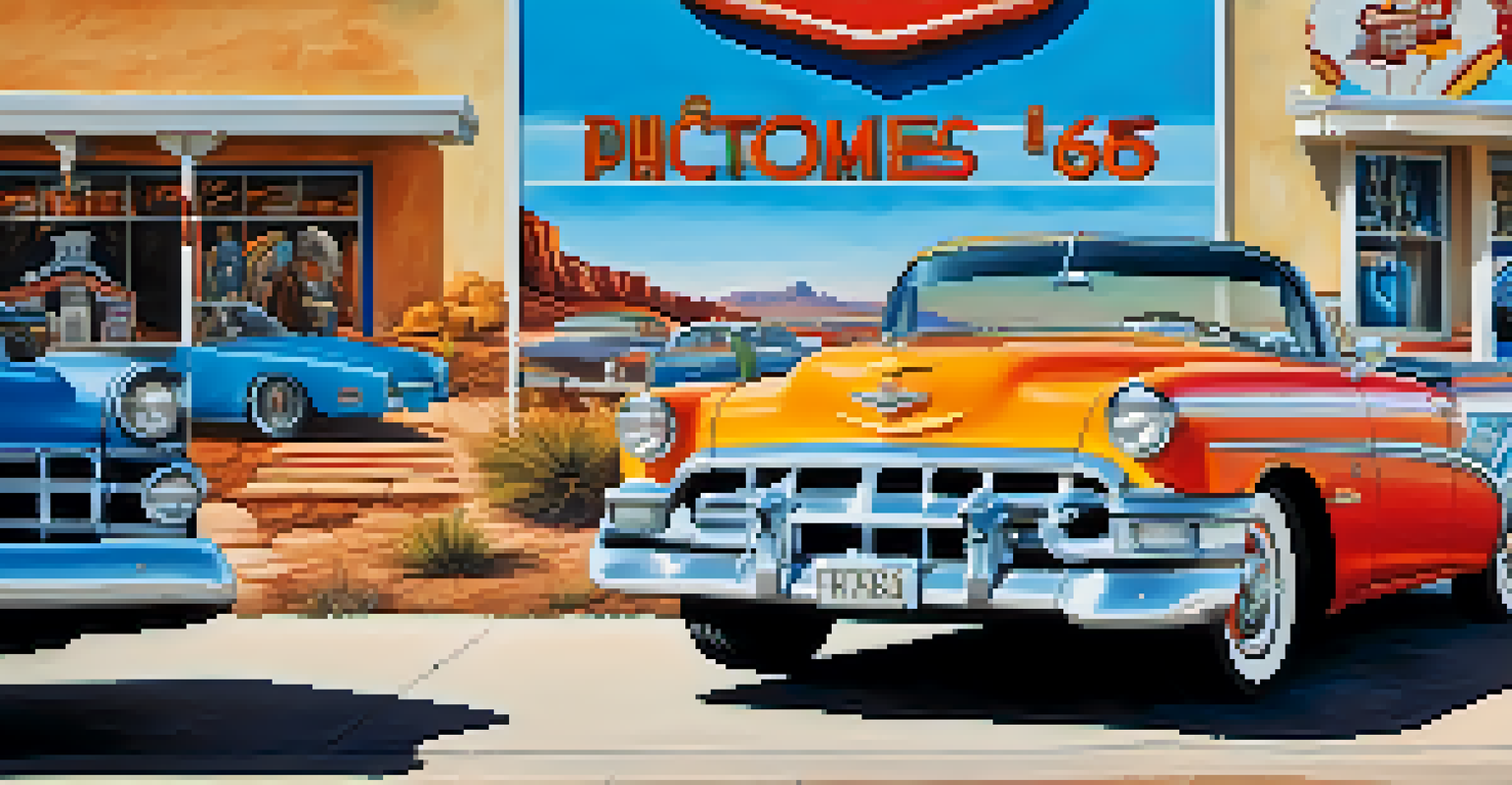 A colorful Route 66 mural in Holbrook, Arizona, showcasing classic cars and Native American culture against a bright blue wall.