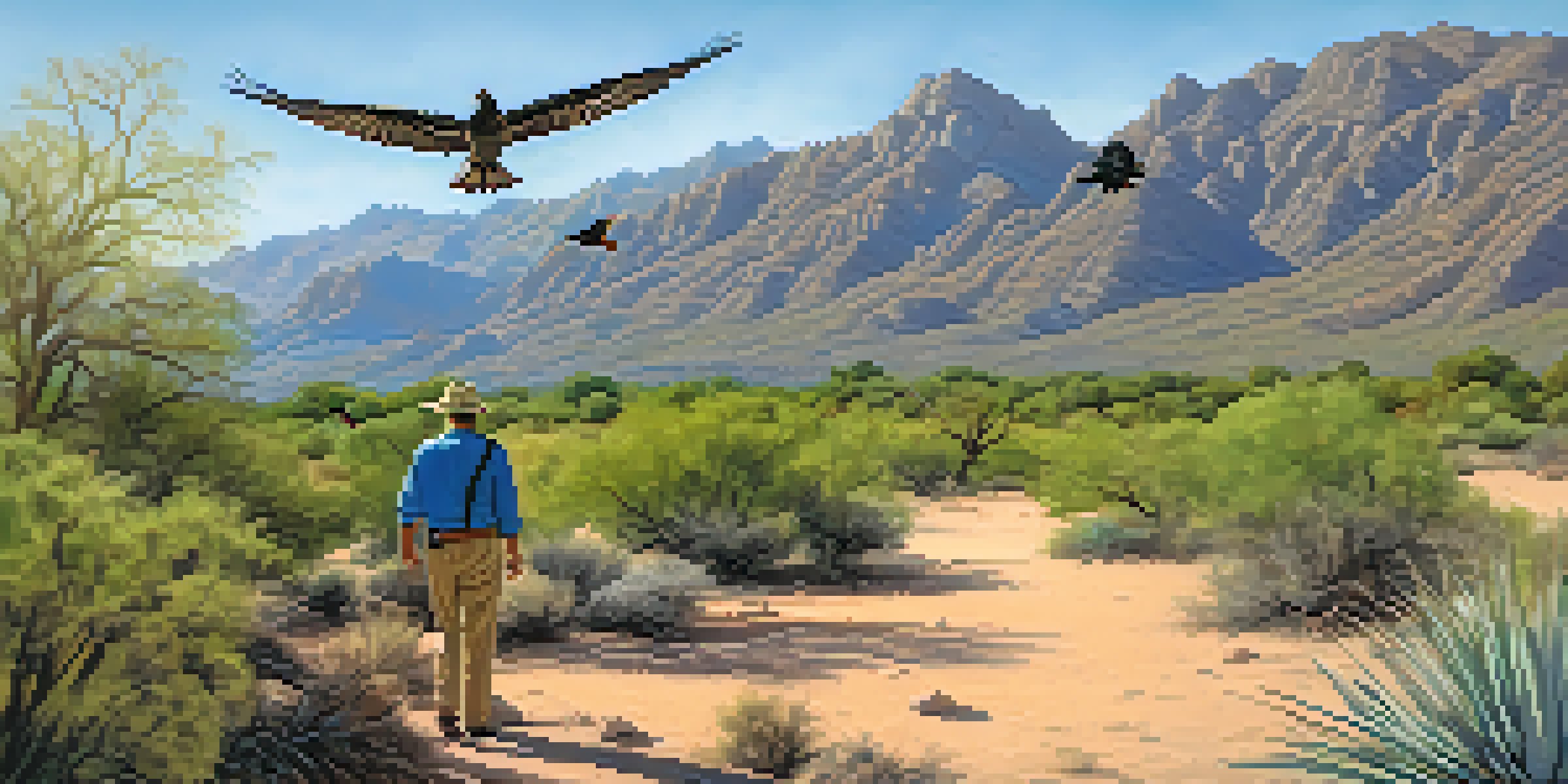 A lively scene in Catalina State Park with birds flying and mountains in the background, showcasing desert flora.