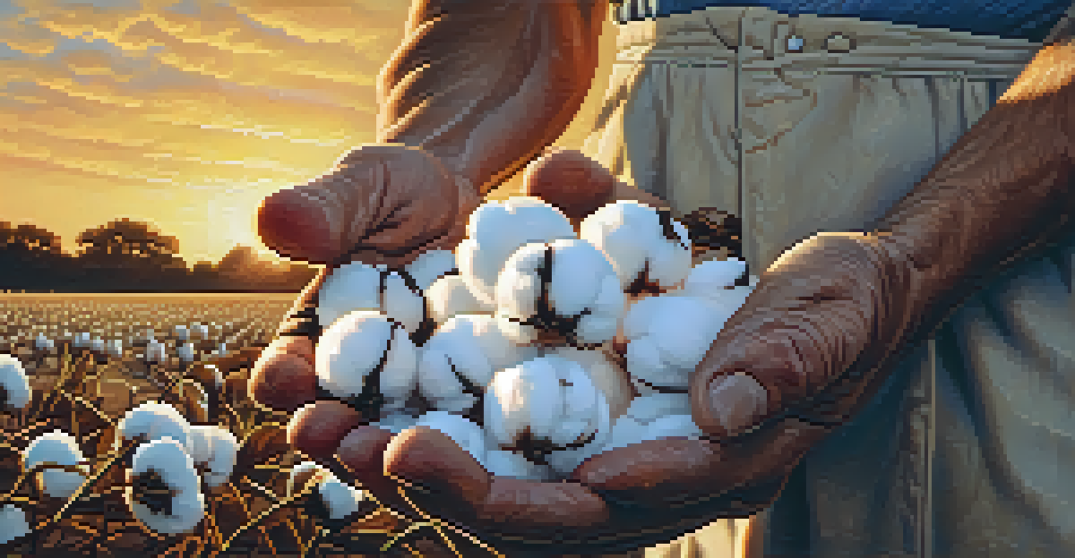Close-up of a farmer's hands holding cotton bolls with a cotton field and sunset in the background.