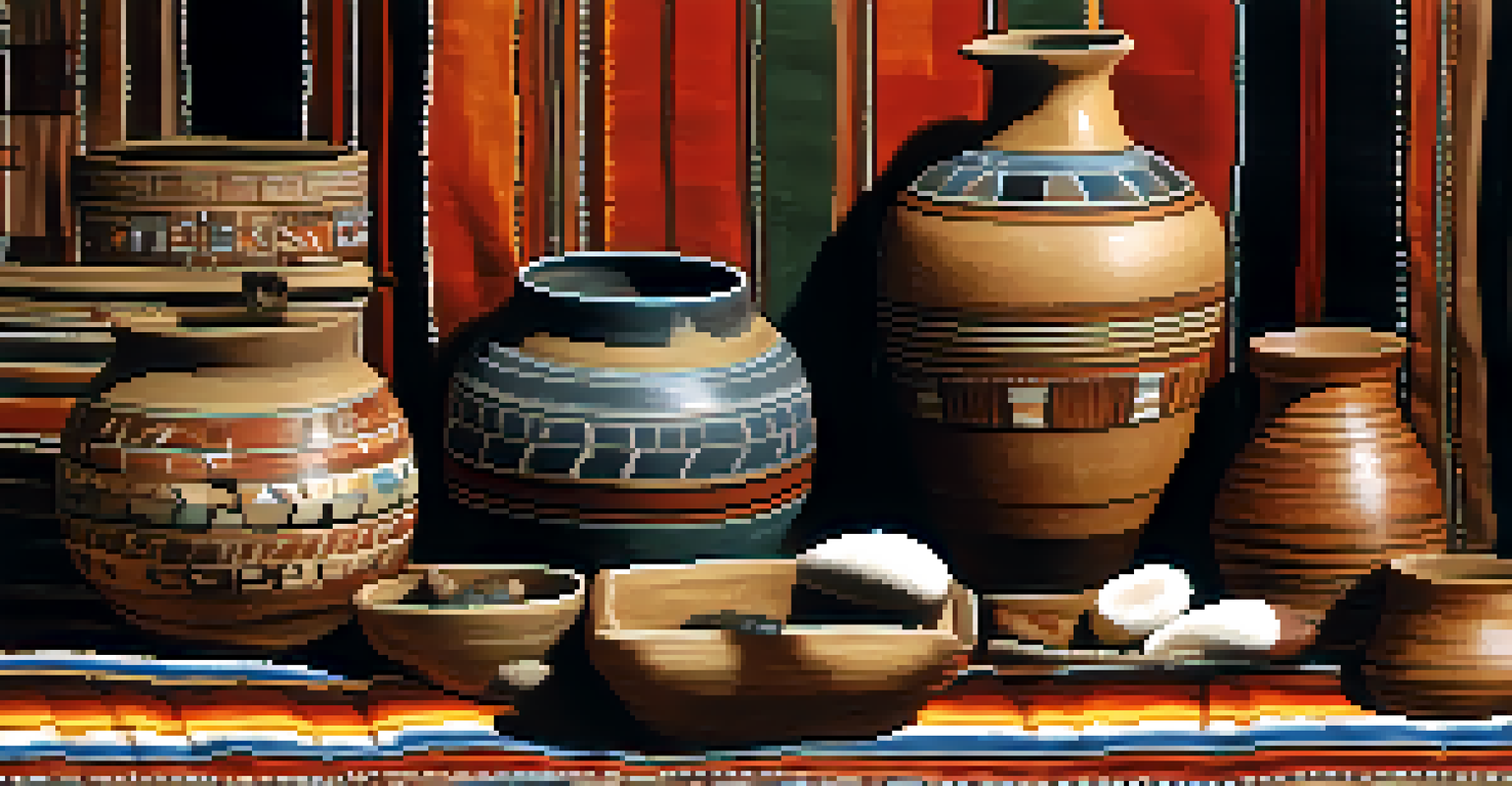 A collection of Pueblo cultural artifacts, including pottery and jewelry, displayed on a woven blanket, illuminated by soft natural light.