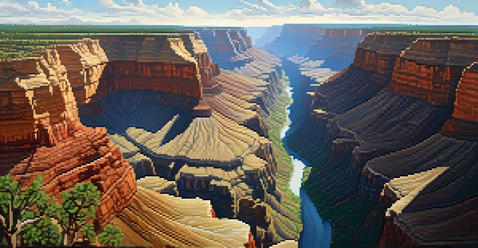 An aerial perspective of the Grand Canyon, displaying its colorful geological layers and the lush vegetation near the river.