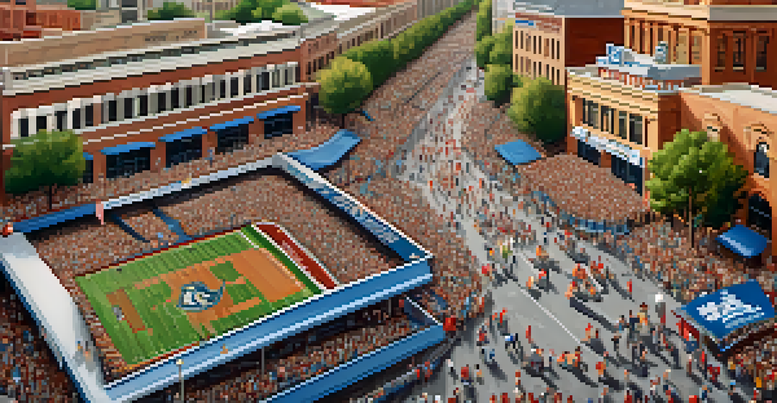 Aerial view of a crowded downtown Arizona during a college sports event, with fans in team jerseys and bustling restaurants.