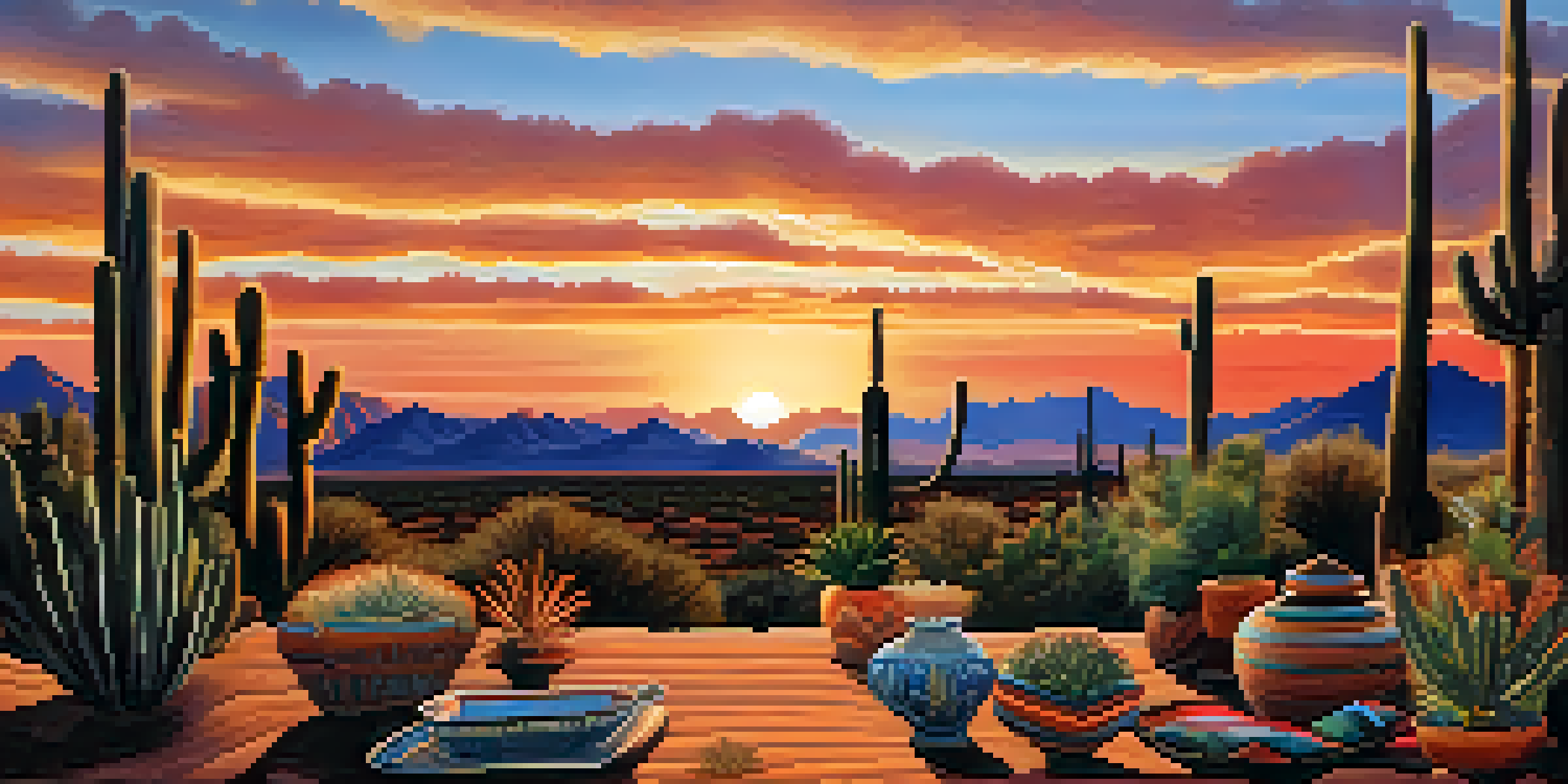A sunset over the Arizona desert with cacti in silhouette and Native American pottery in the foreground.