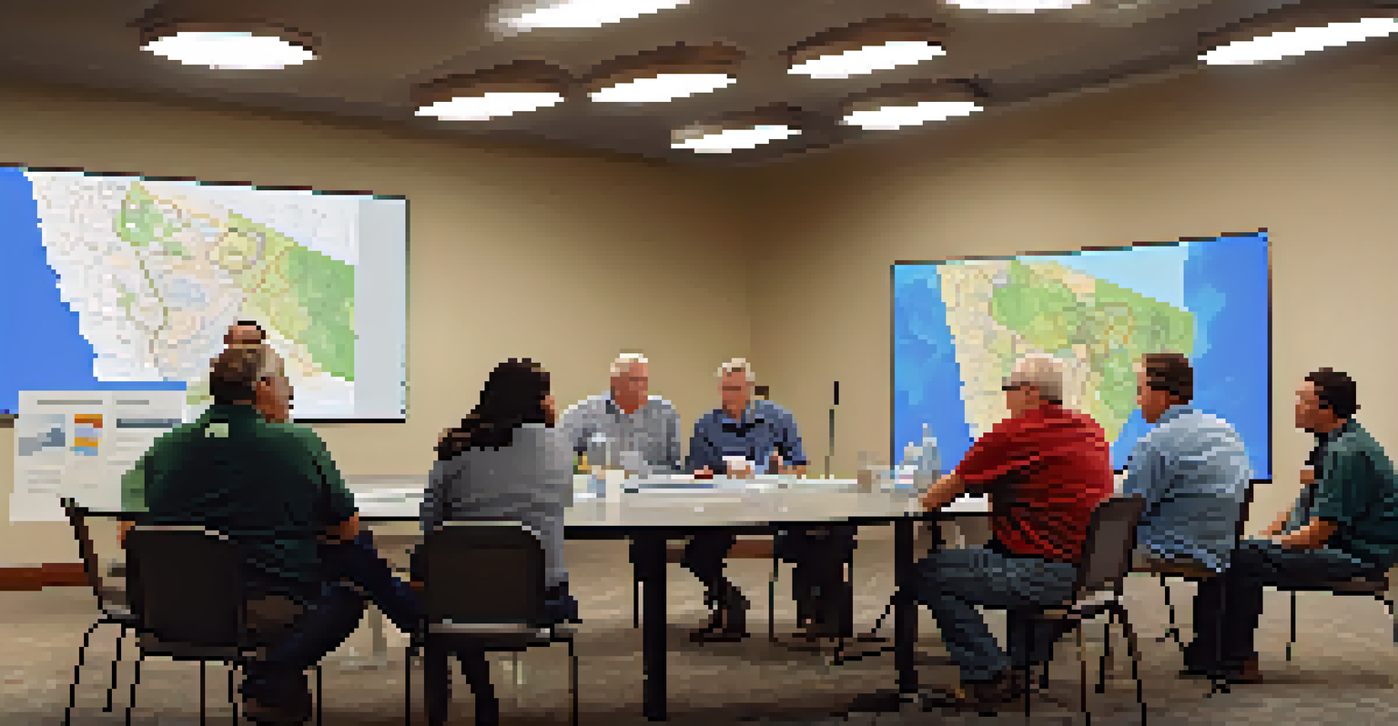 A close-up of residents participating in a community meeting about flood risk assessment in Arizona, with maps and technology devices on the table and engaged expressions illuminated by overhead lights.