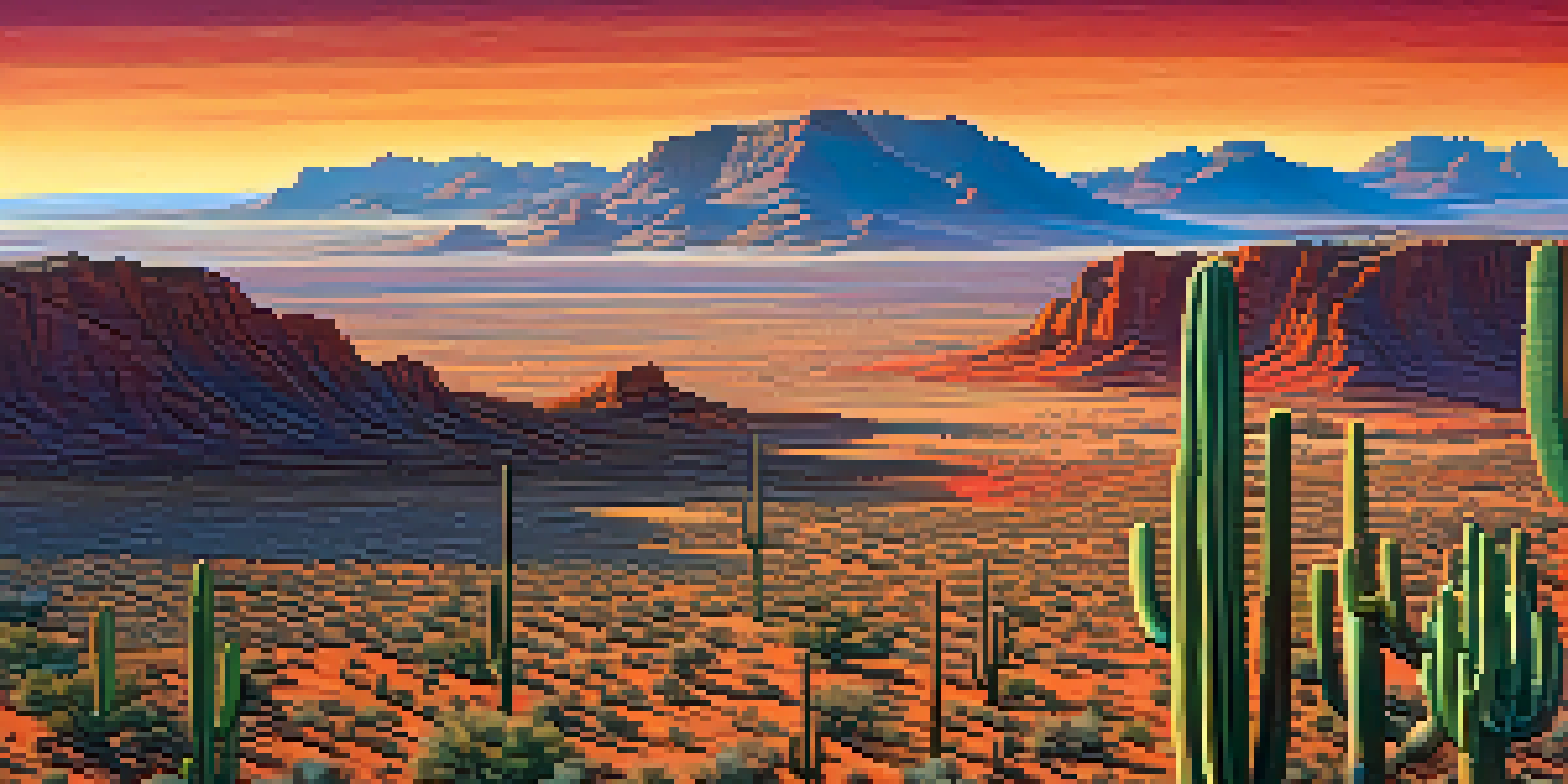 An aerial view of the Arizona desert at sunset with a drone hovering above, capturing wildlife data.