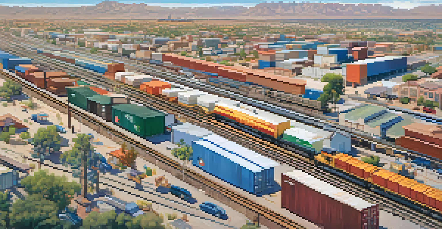 A modern freight train moves through a busy Arizona town, showcasing warehouses and distribution centers alongside the tracks.