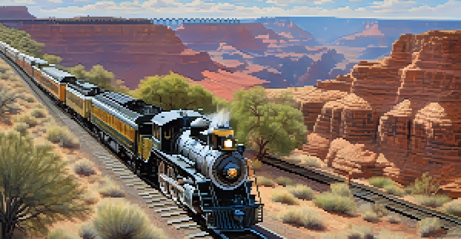 A vintage Grand Canyon Railway train traveling through diverse Arizona landscapes with passengers enjoying the ride.