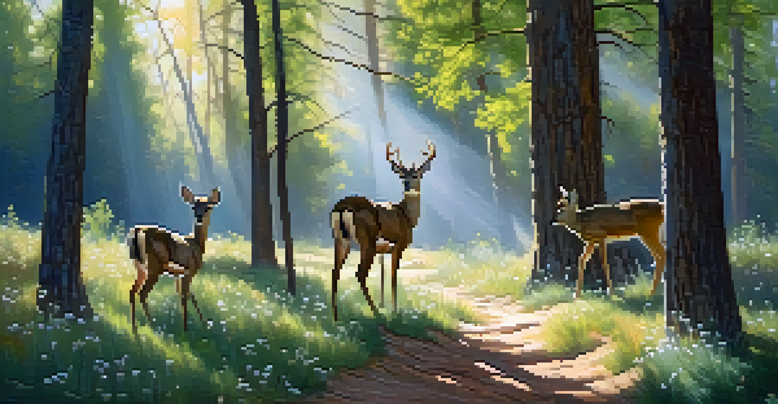 An Arizona forest in springtime with blooming wildflowers and deer grazing.