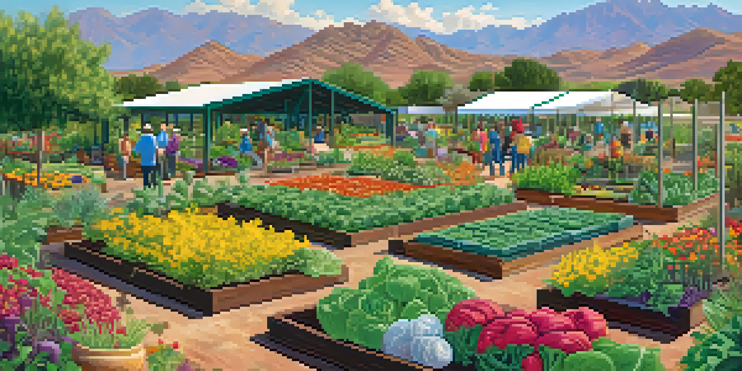 A lively community garden in Arizona filled with various vegetables and flowers, featuring people gardening together under the warm sun.