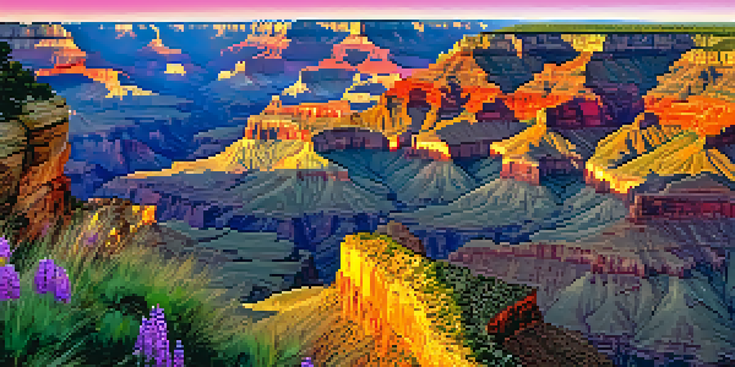 A sunset view of the Grand Canyon, with colorful skies and lush vegetation in the foreground.