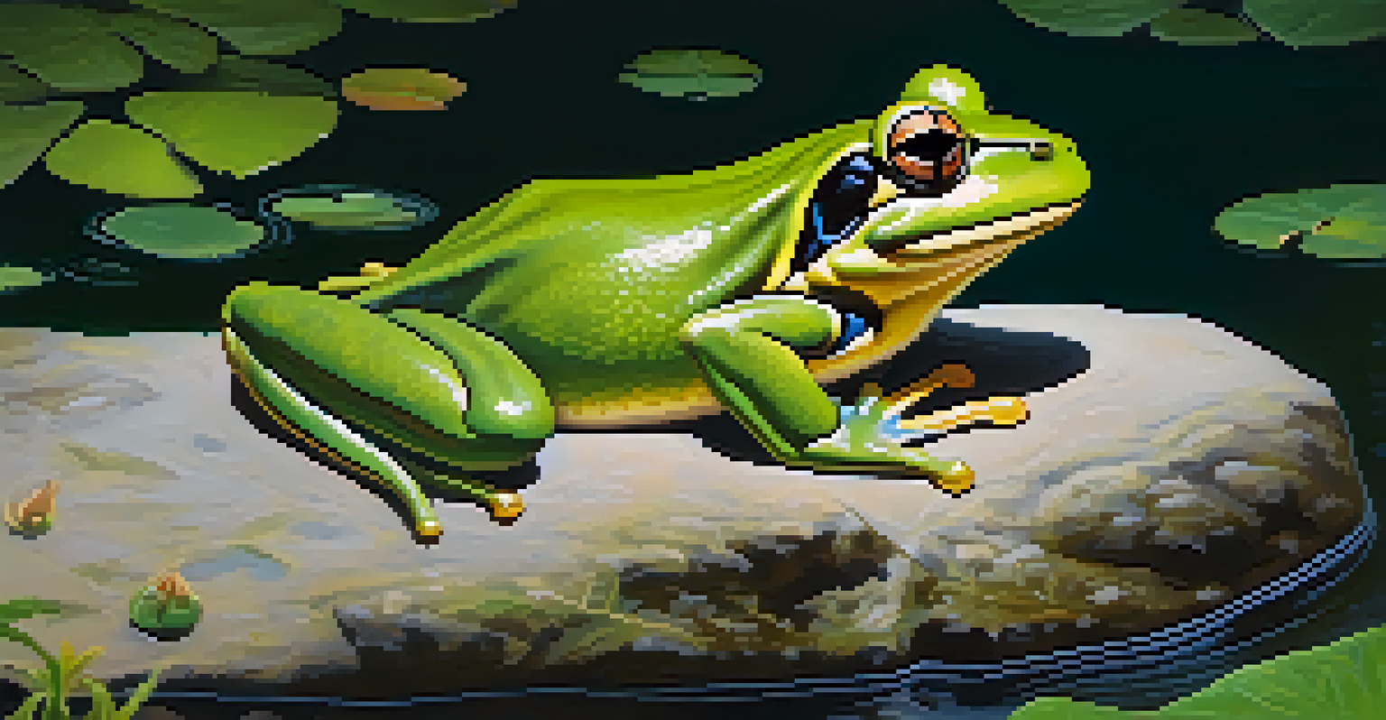 A frog on a rock by a pond, highlighting its green skin and skin lesions, surrounded by lush greenery.