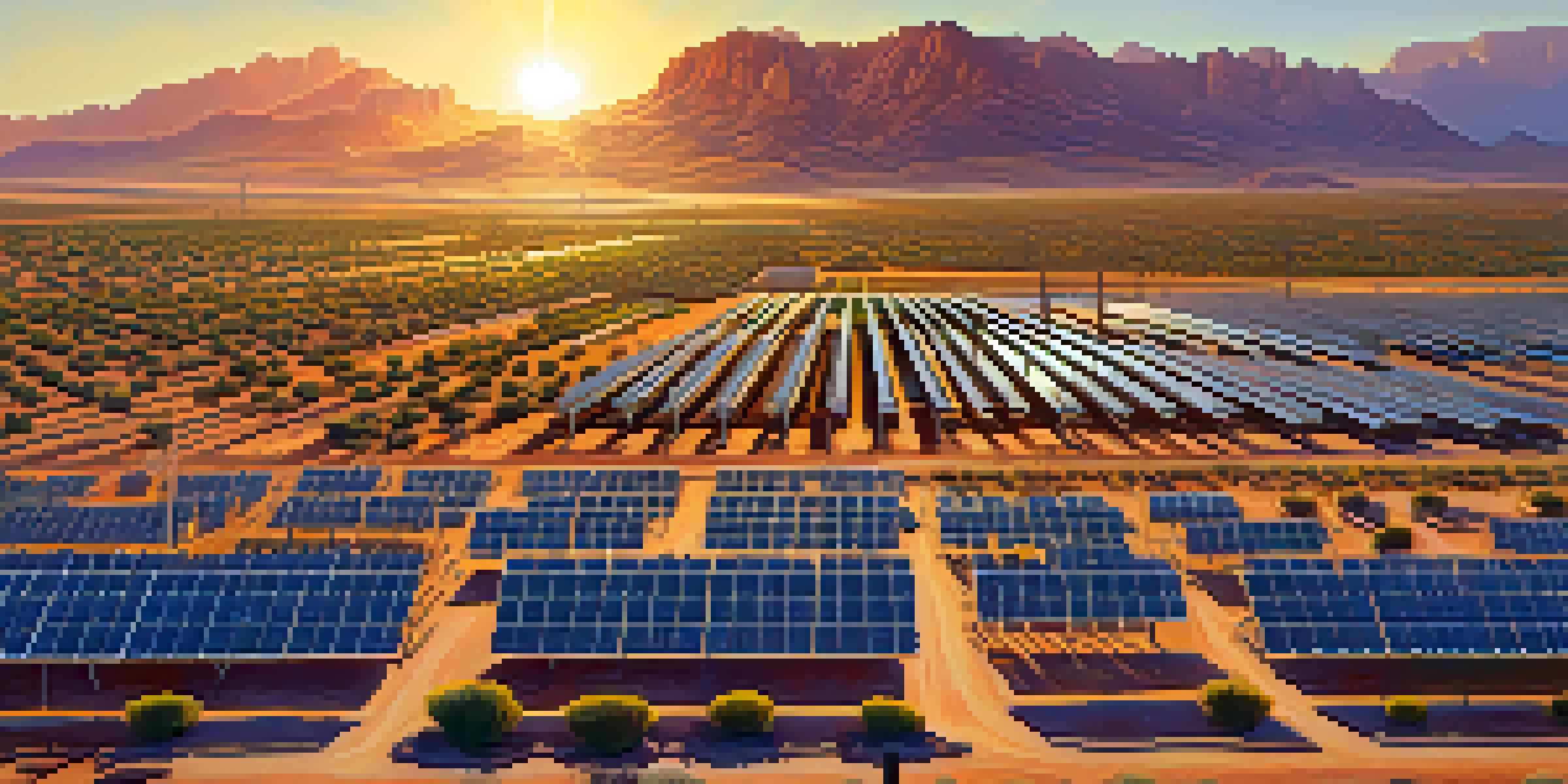 An aerial view of a community solar farm in Arizona with solar panels, surrounded by desert landscape and mountains.