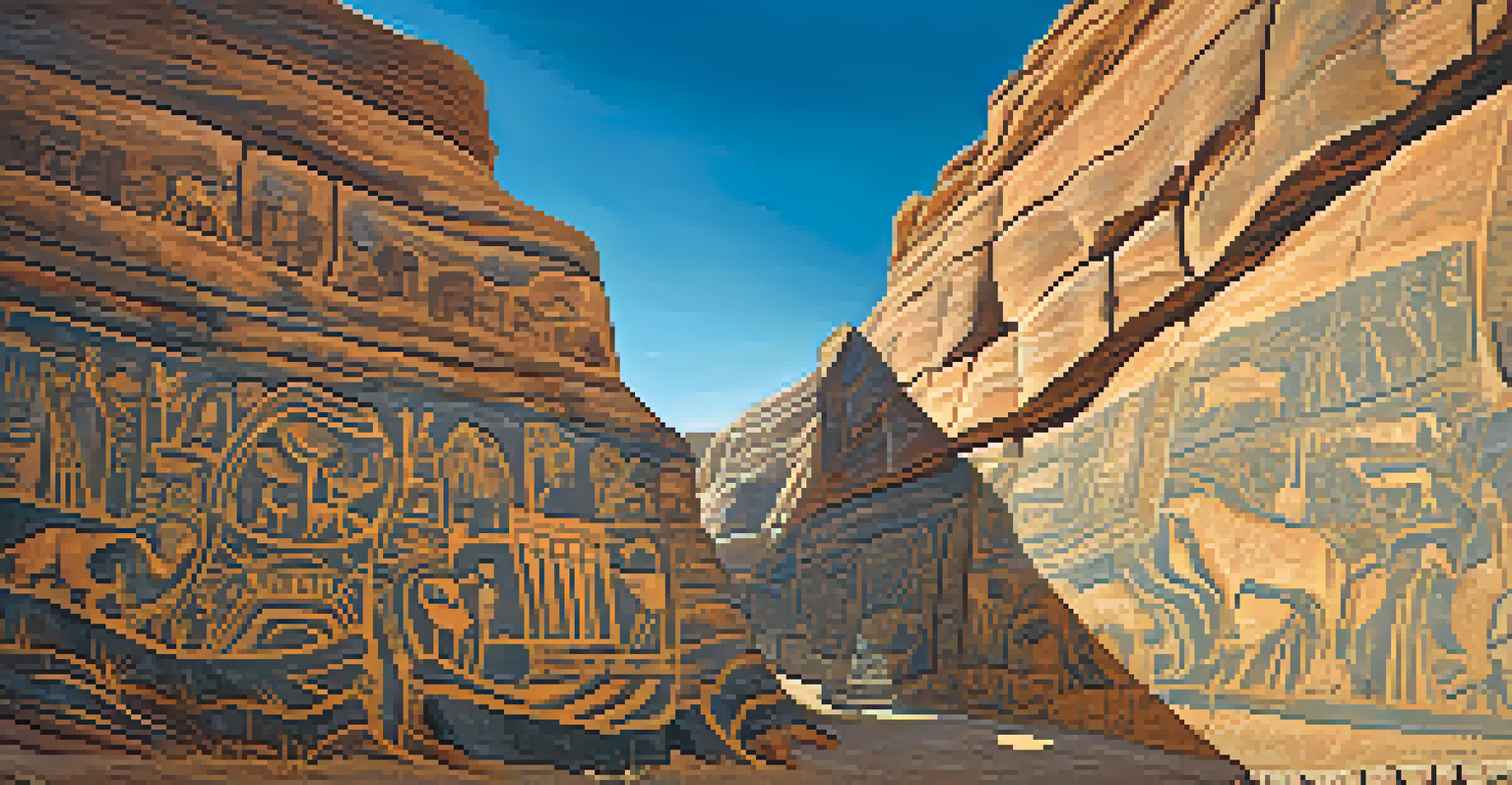 Close-up of ancient petroglyphs on canyon walls with intricate carvings and textures.