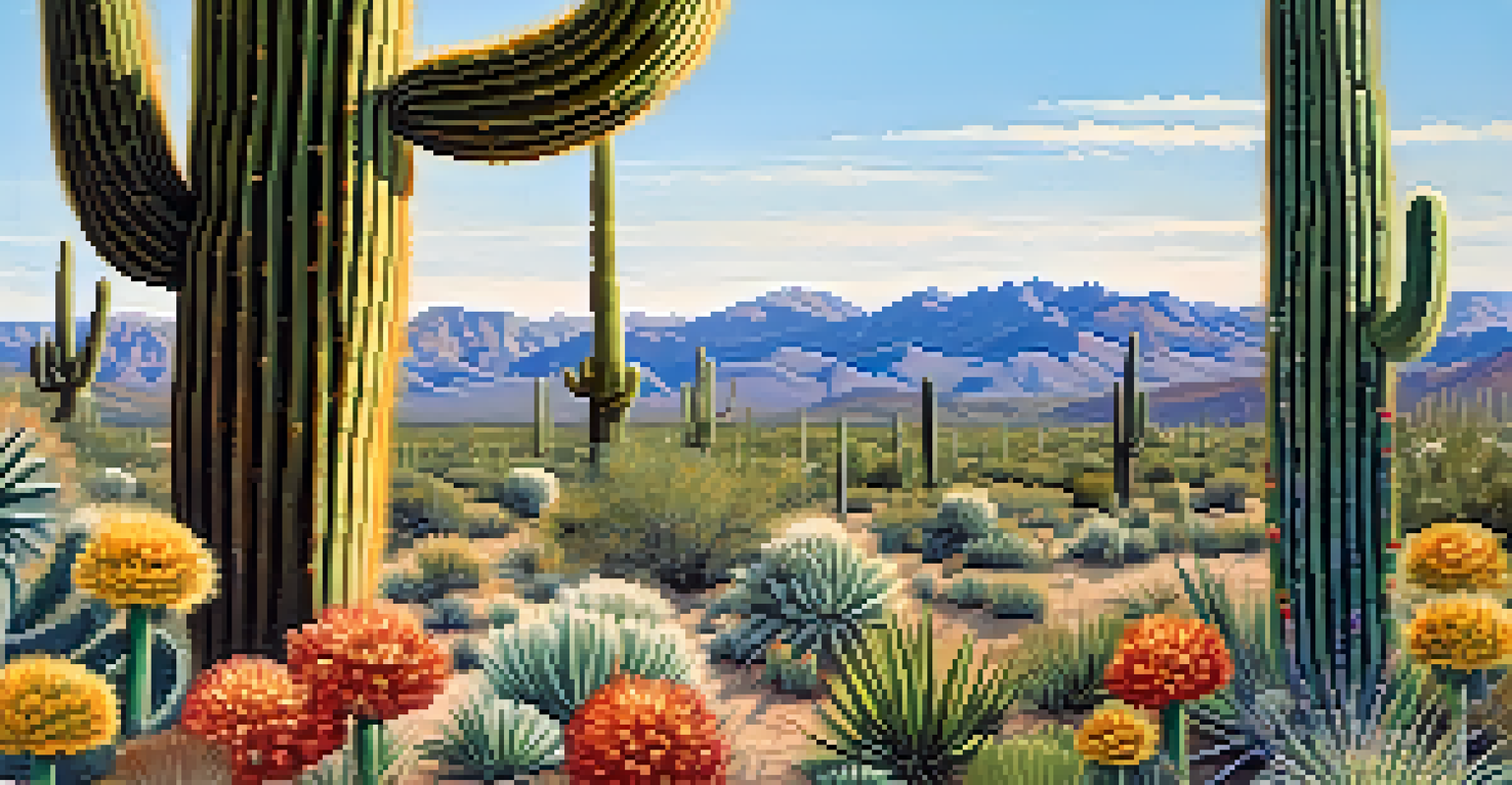 A close-up view of a saguaro cactus in a desert landscape with blue sky and blooming wildflowers.
