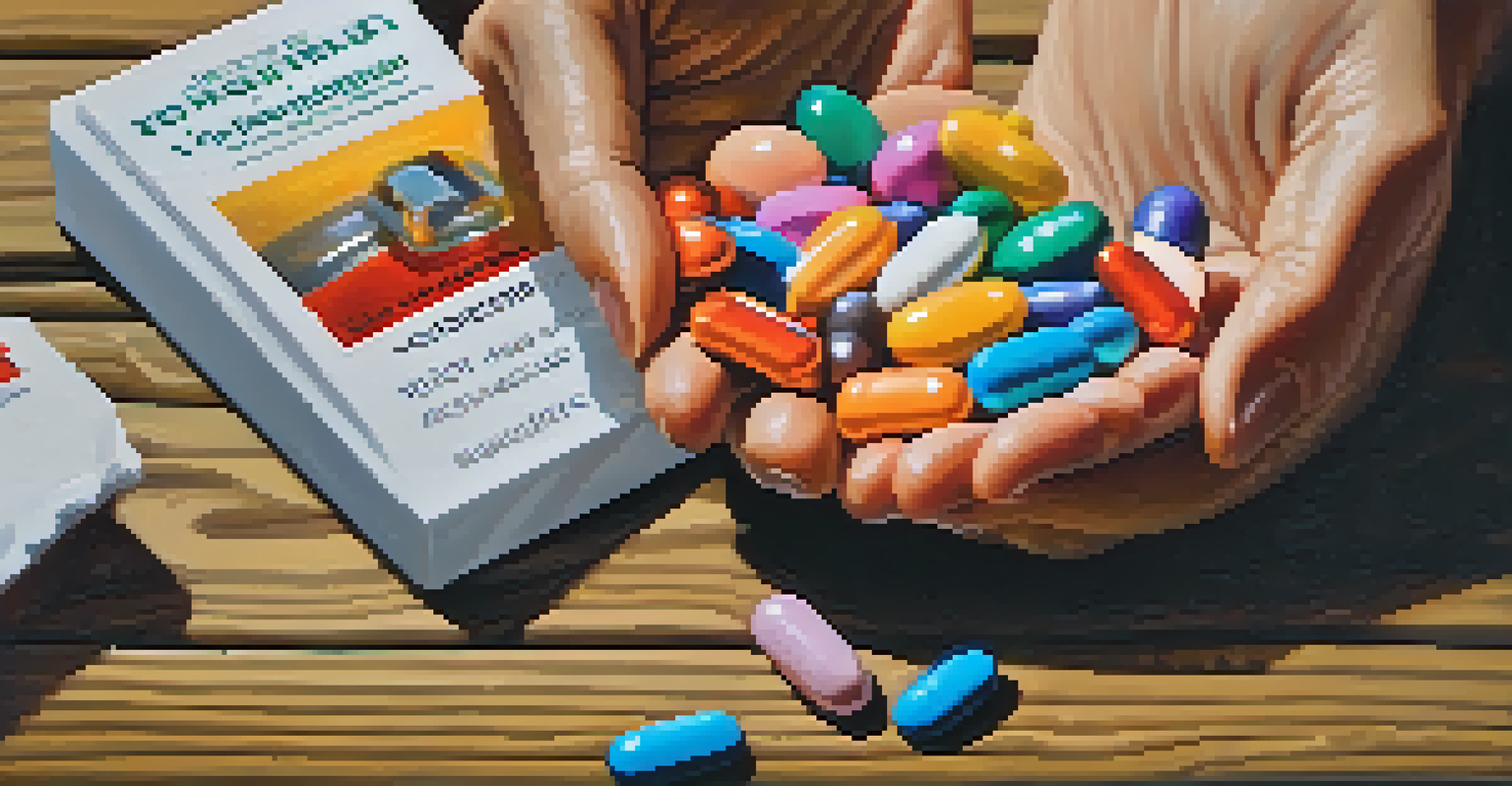 A close-up of hands holding a prescription bottle and colorful pills on a wooden table.
