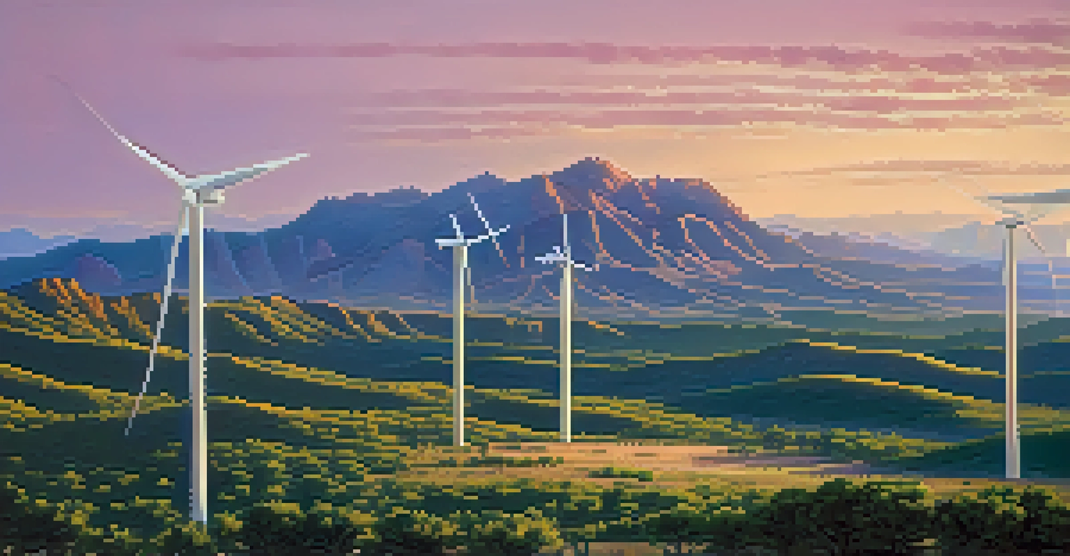 Aerial view of wind turbines on the Chiricahua Mountains with a beautiful sunset sky.