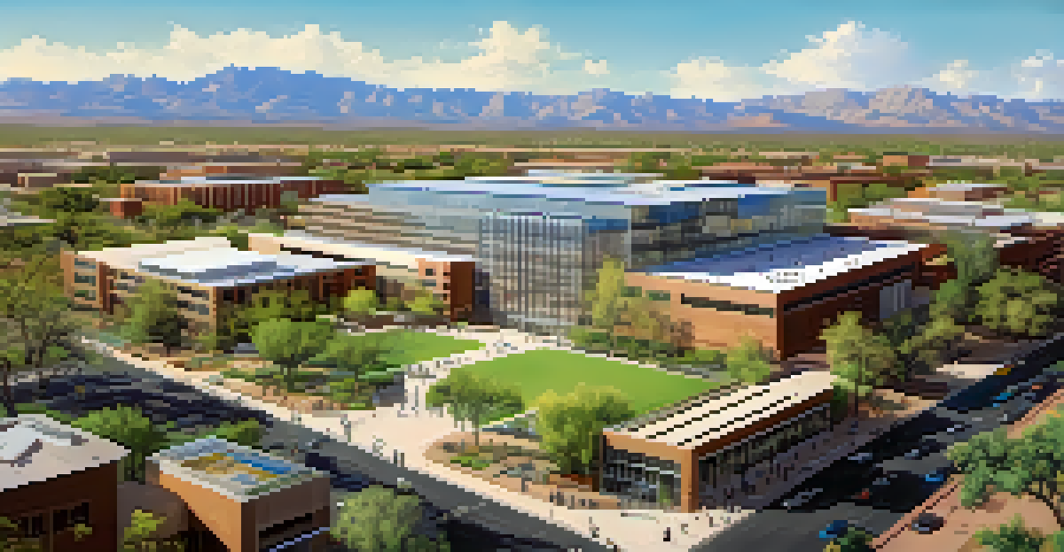 Aerial view of Arizona State University with students discussing aerospace technology and a satellite model.
