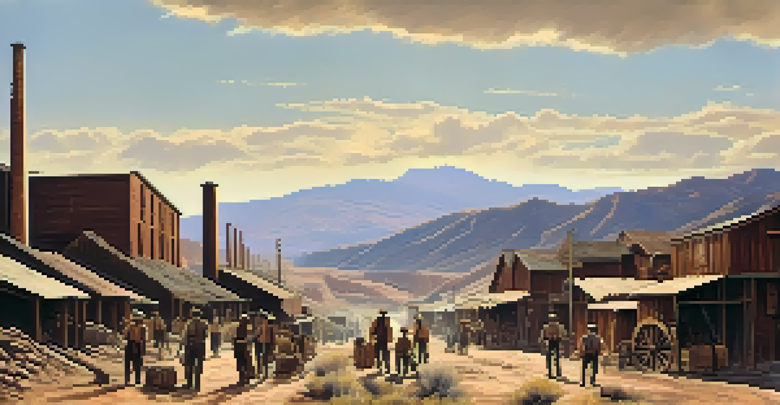 A mining town in Arizona in the late 1800s, showcasing miners at work near a copper mine with mountains in the background.