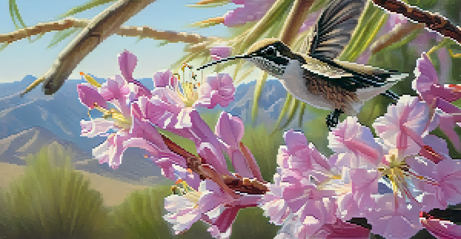 A close-up view of a desert willow tree with pink flowers, and a hummingbird hovering nearby, with sunlight streaming through the leaves.