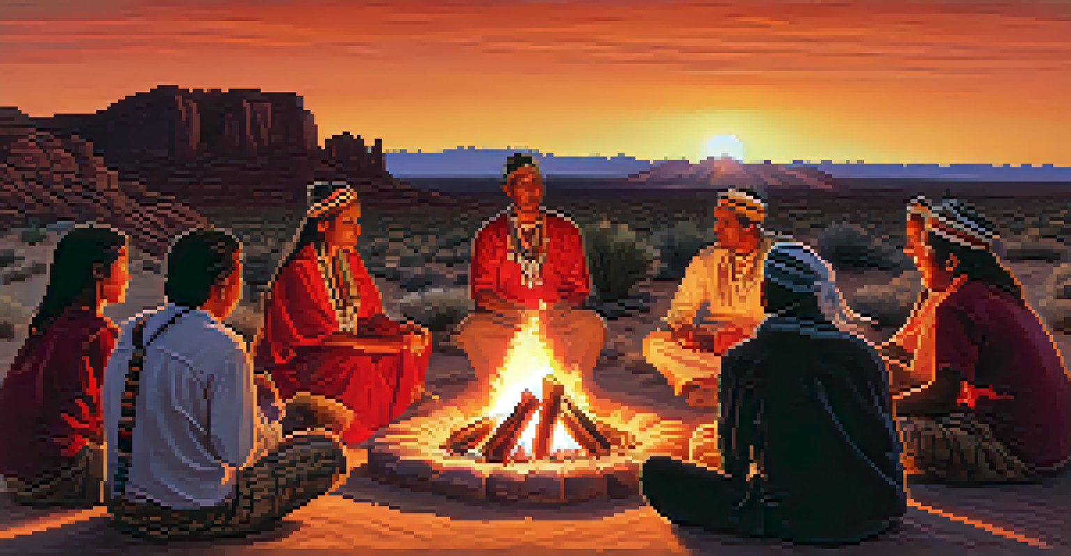An Indigenous storyteller sharing a tale by a campfire at sunset in Arizona, surrounded by an attentive audience.