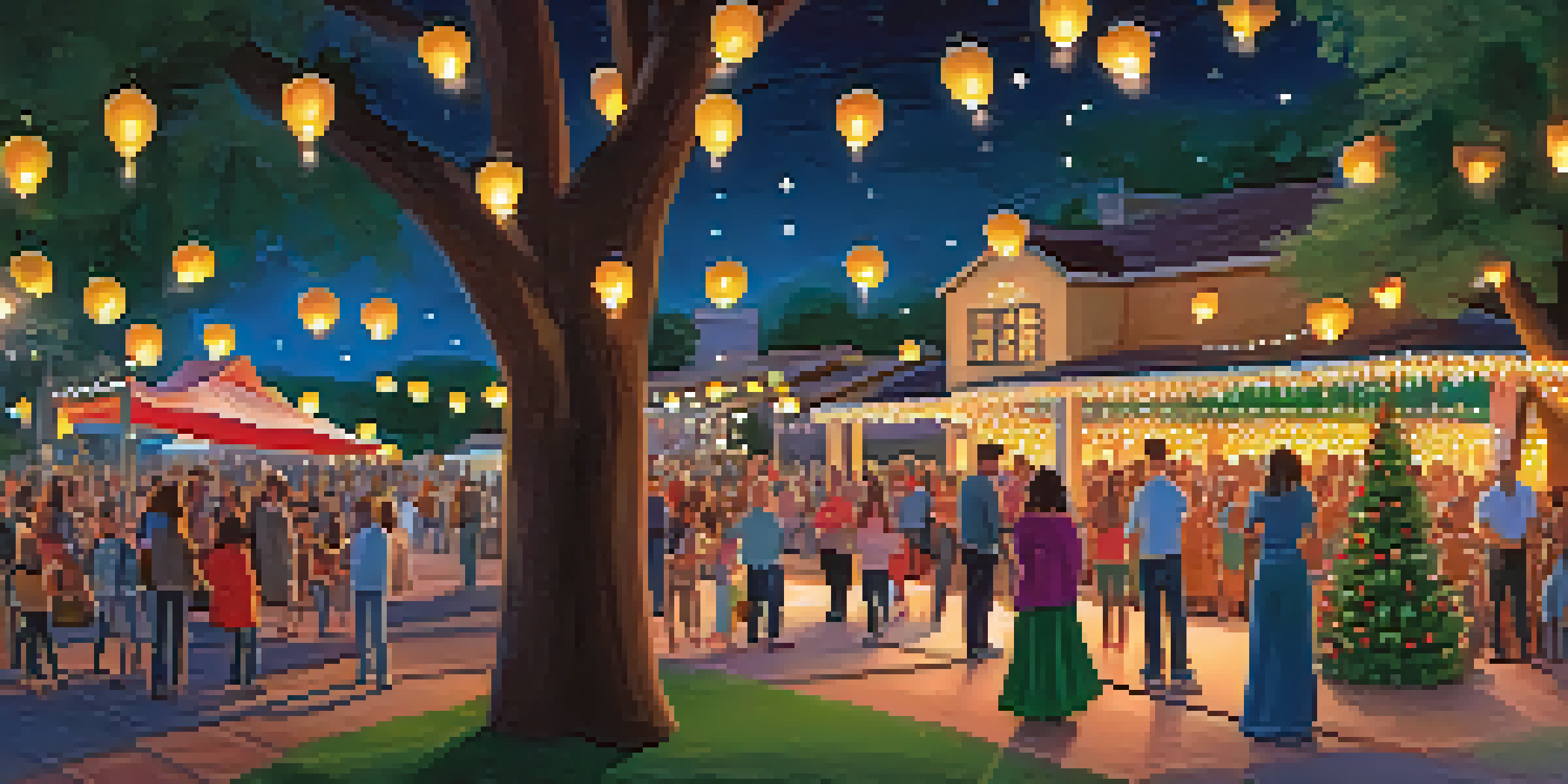 A festive tree covered in lights surrounded by people celebrating at the Festival of Lights in Arizona, with colorful lanterns in the background and a starry sky.