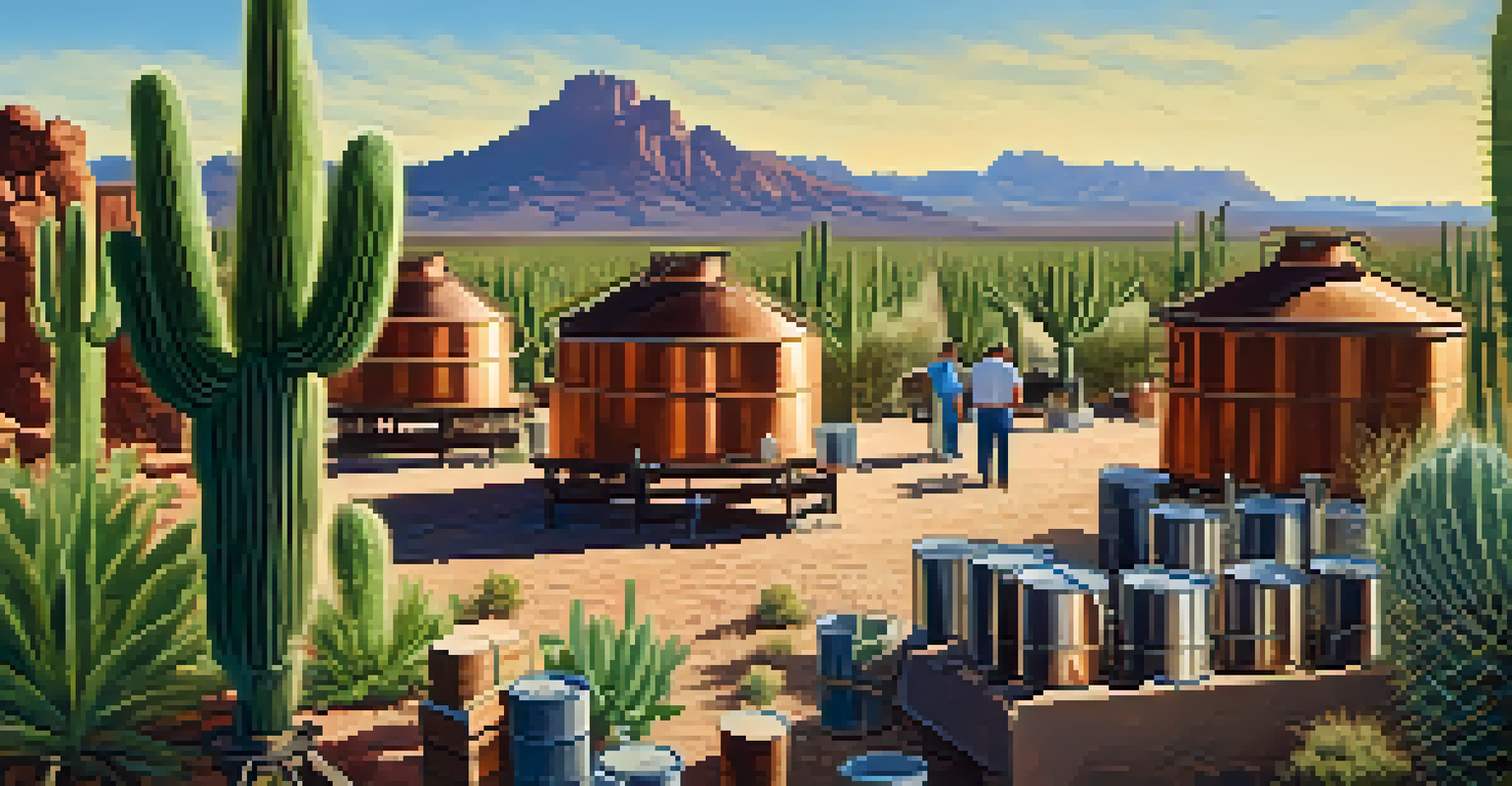 An outdoor brewery scene in Arizona with brewers using local ingredients, set against a scenic desert landscape.