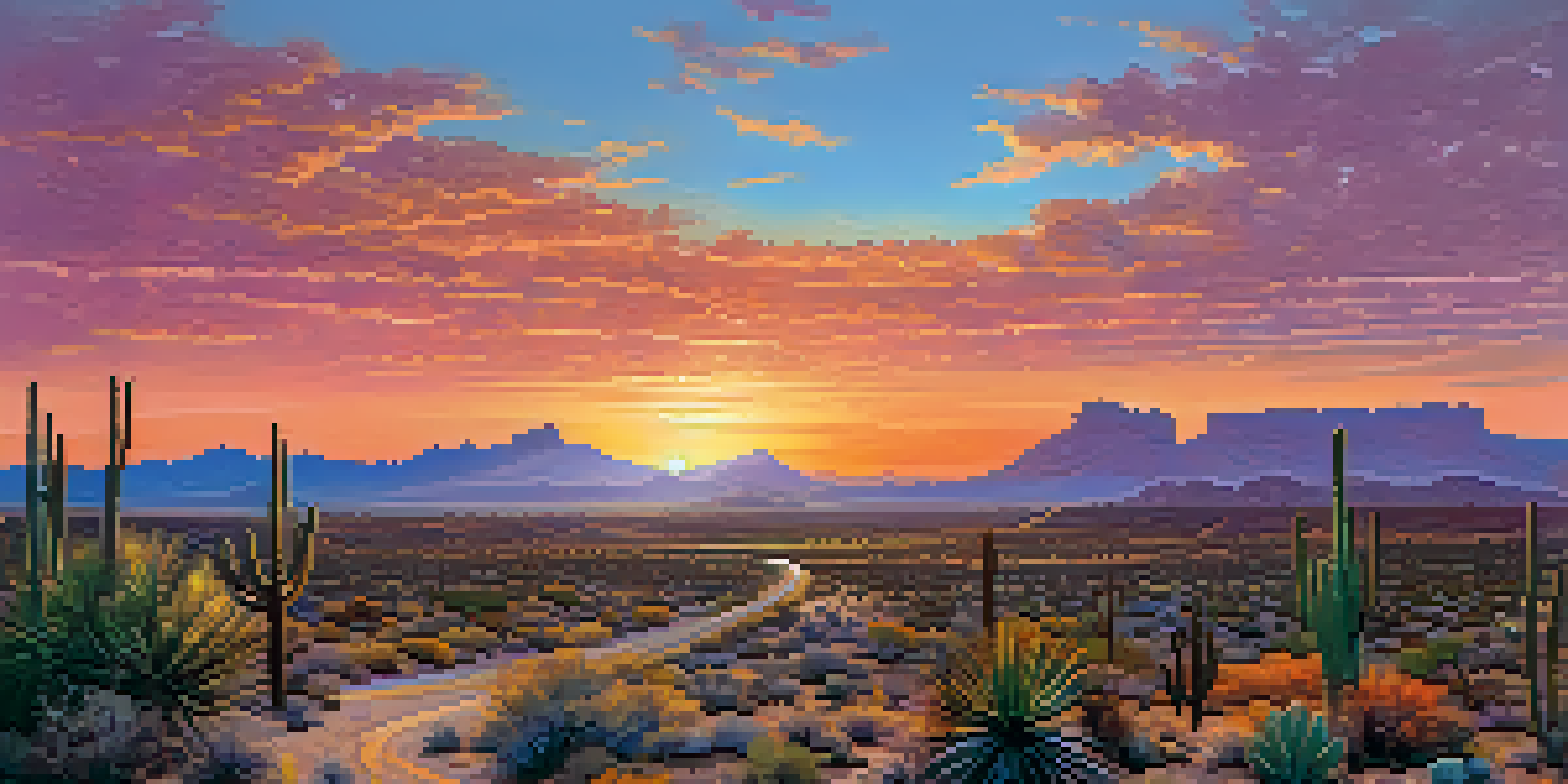 A sunset over Arizona's desert landscape, featuring a winding highway, silhouettes of cacti, and vibrant sky colors.