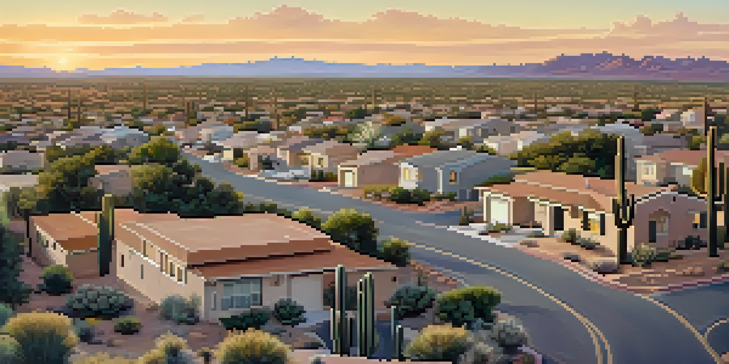 A panoramic view of a suburban area in Arizona with sprawling homes and desert landscapes at sunset.