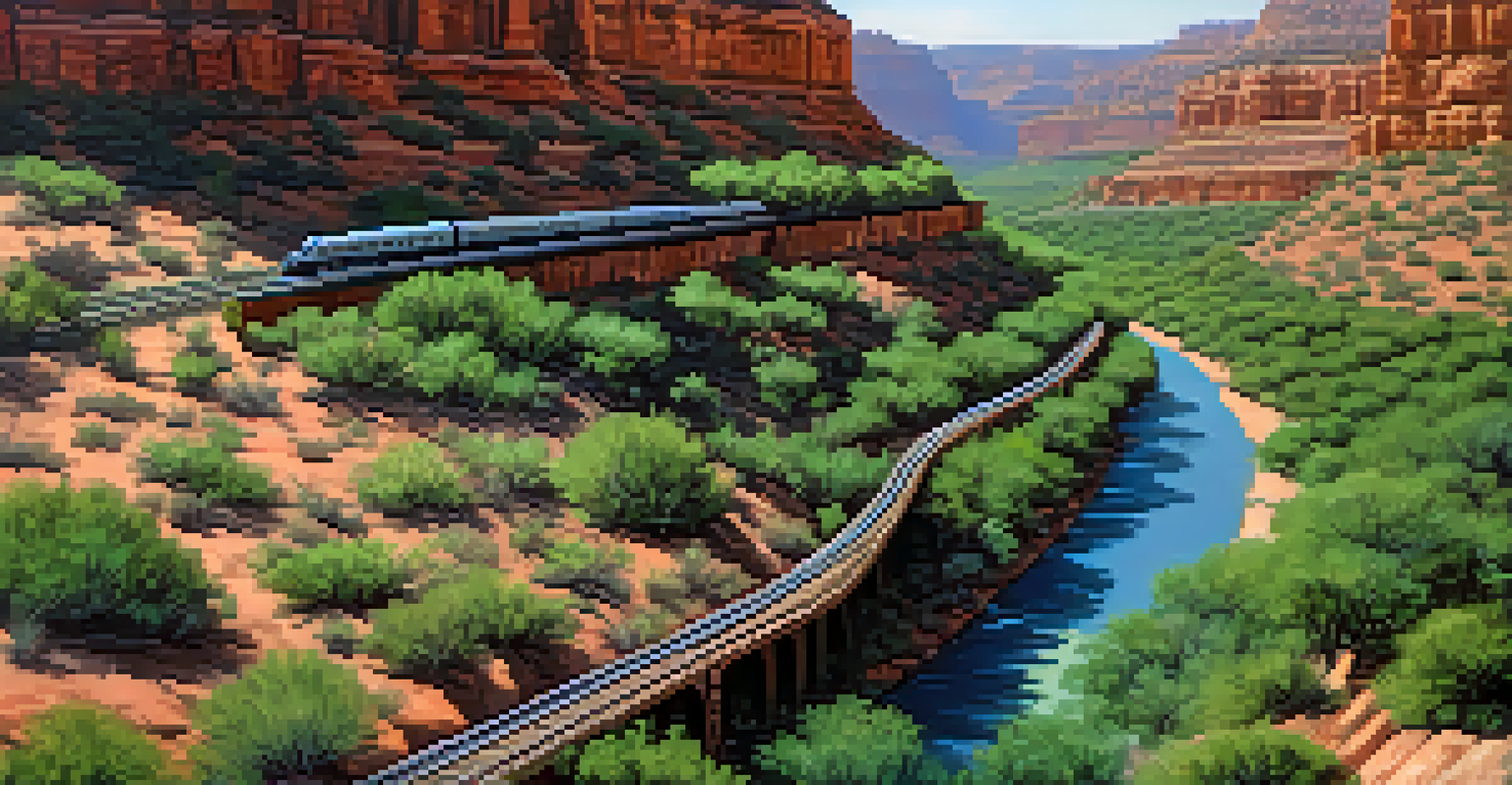 Aerial view of the Verde Canyon Railroad passing through green valleys and cliffs, with the river below.
