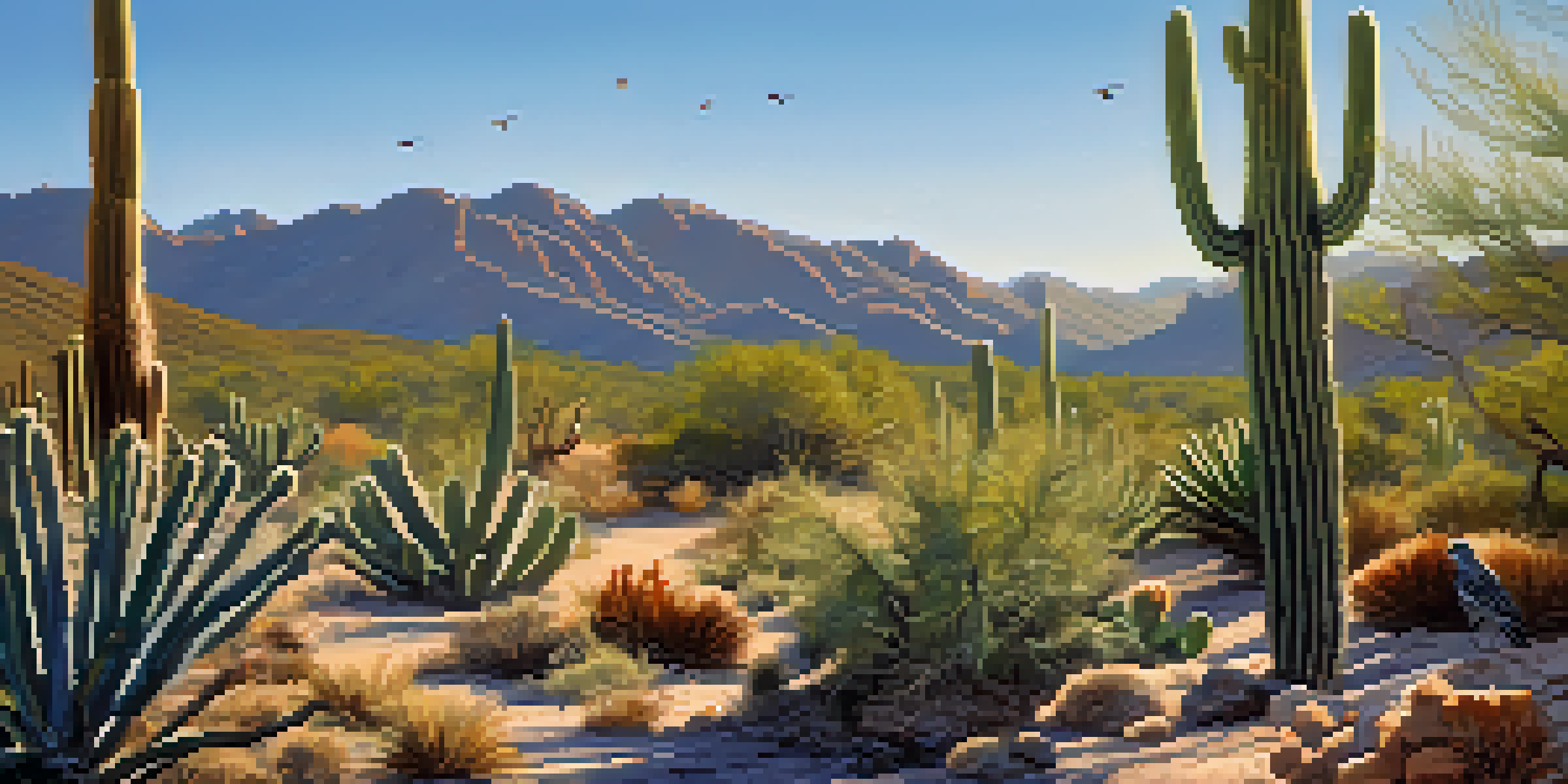A peaceful morning in Saguaro National Park with saguaro cacti and a Gambel's quail.