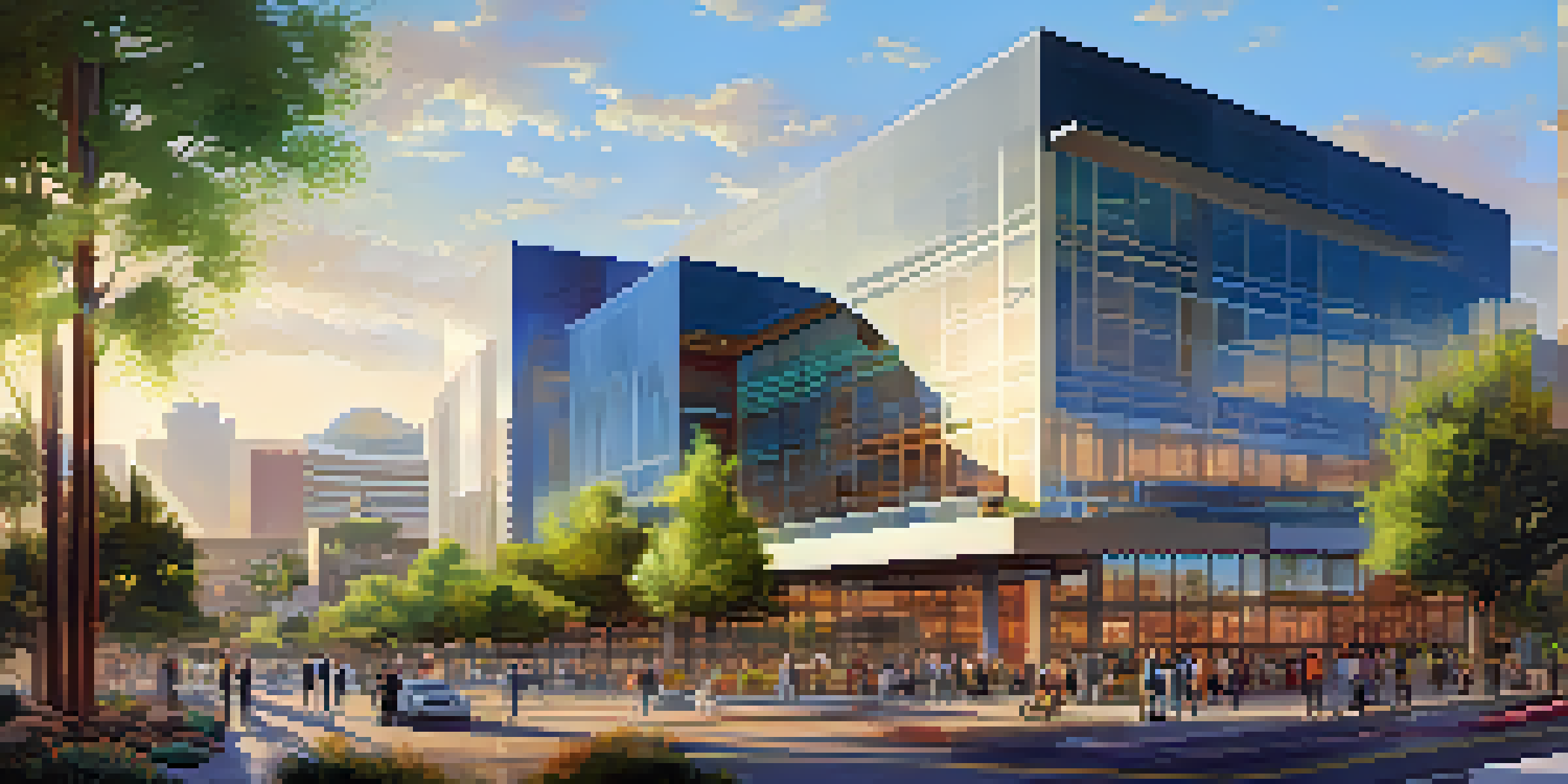 A modern skyline in Phoenix with professionals discussing in a tech hub, surrounded by greenery under bright sunlight.