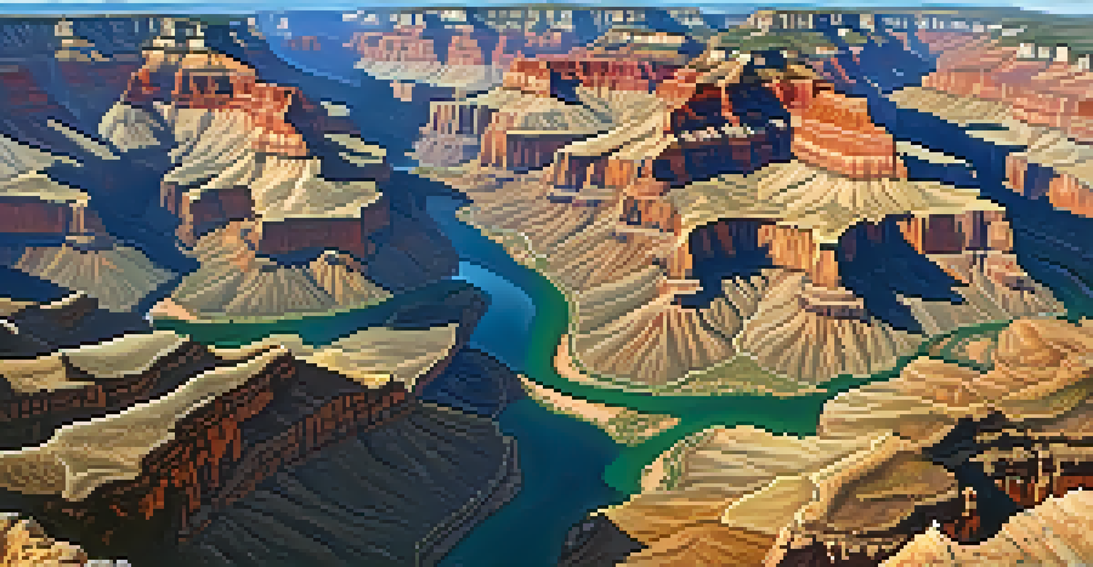 An aerial perspective of the Grand Canyon showing its vast landscape, the Colorado River, and various rock formations.