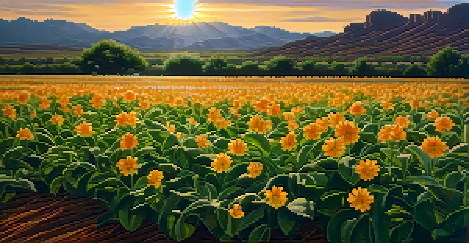 Close-up of a thriving heat-resistant crop variety in an Arizona field with warm sunset lighting.