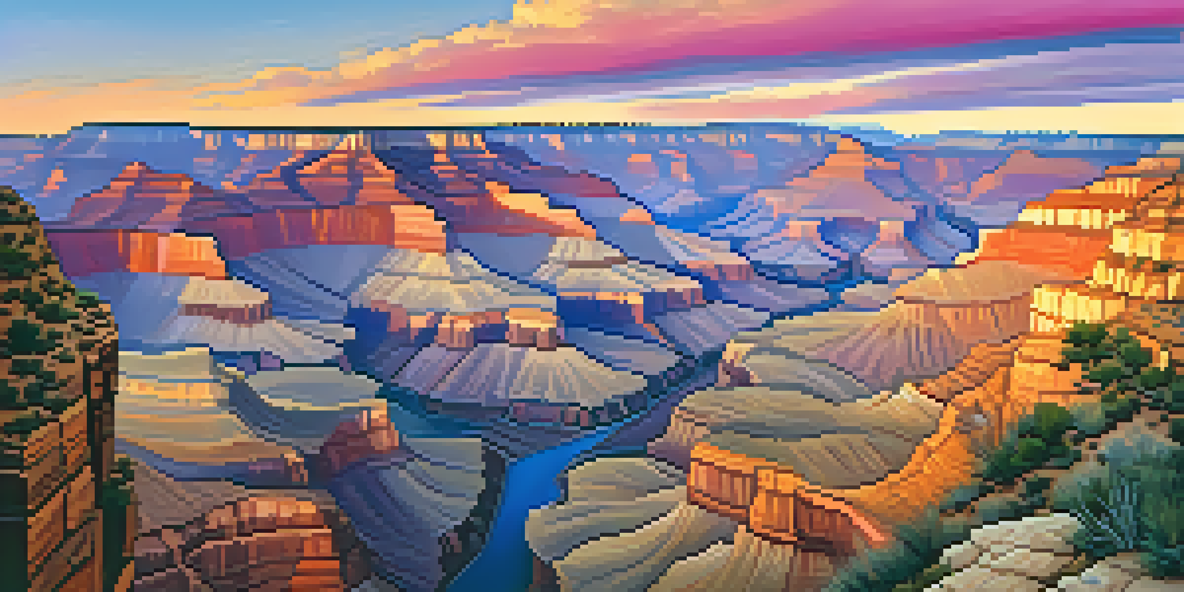 Aerial view of the Grand Canyon at sunset with vibrant colors reflecting off the canyon walls and the Colorado River in the distance.