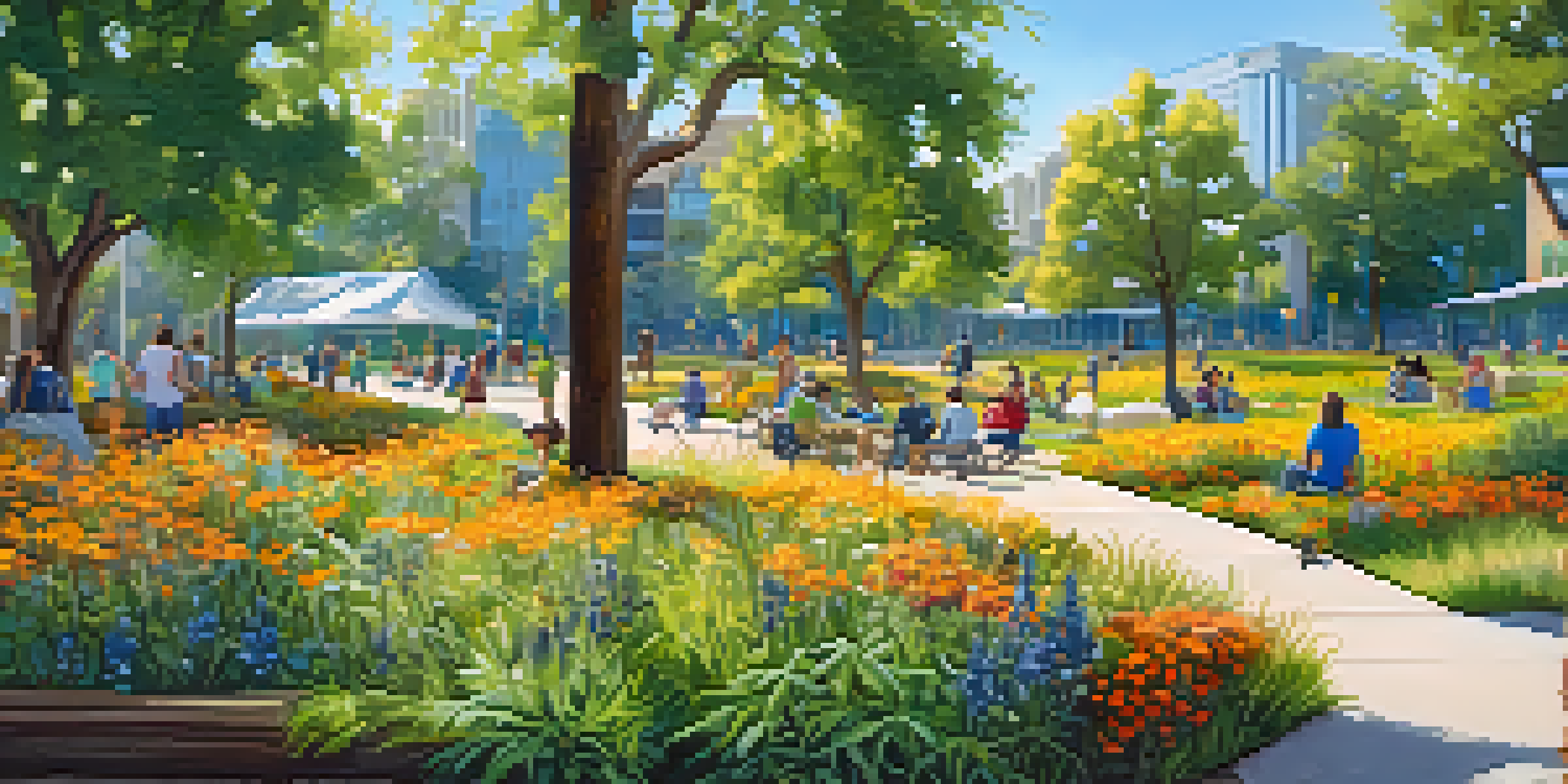 A lively urban park with colorful wildflowers, bees, and butterflies, and people enjoying the space under the shade of trees.