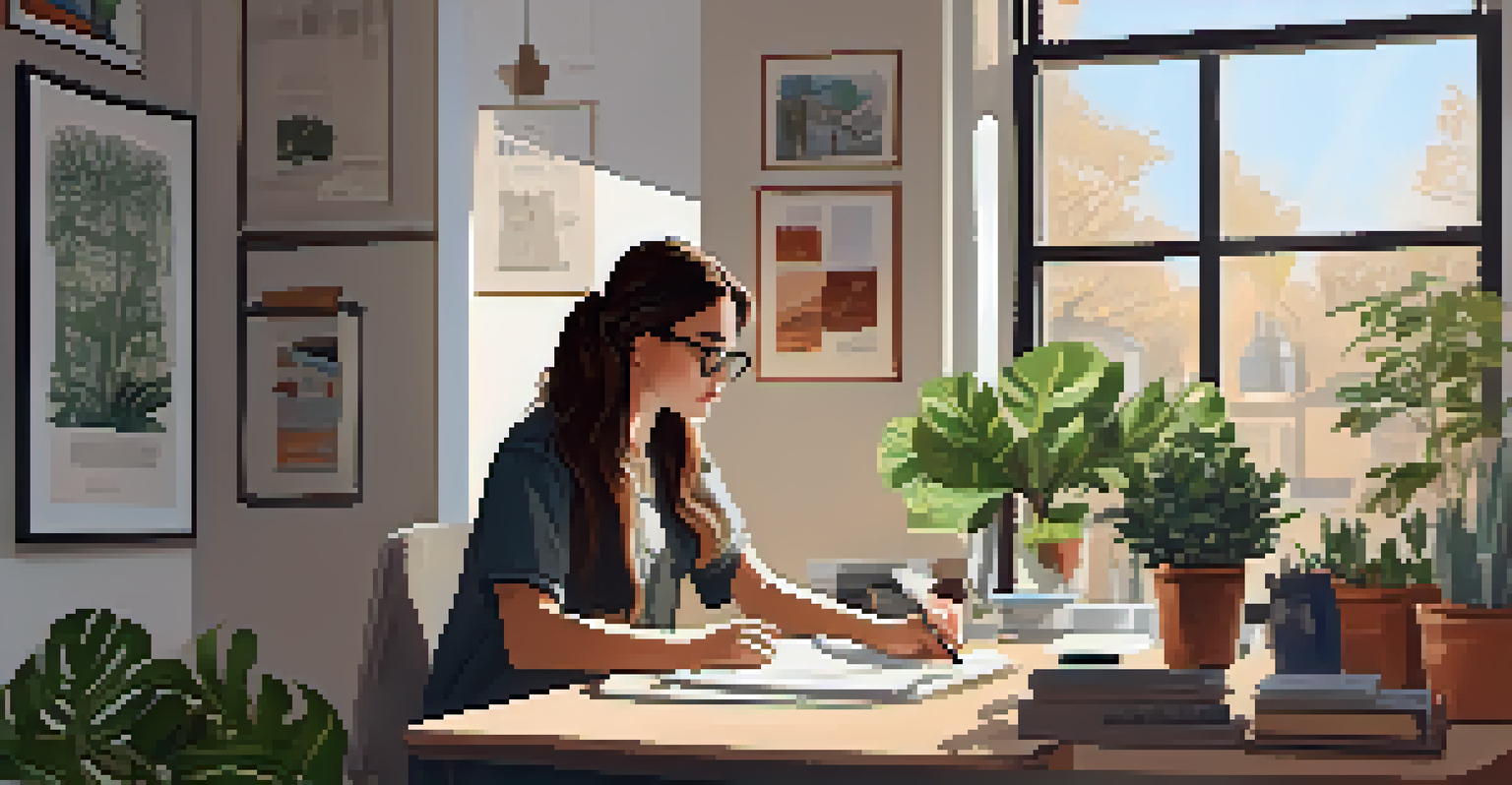 A young woman attending an online class in a cozy home office, focused on her laptop with notebooks and a plant around her.