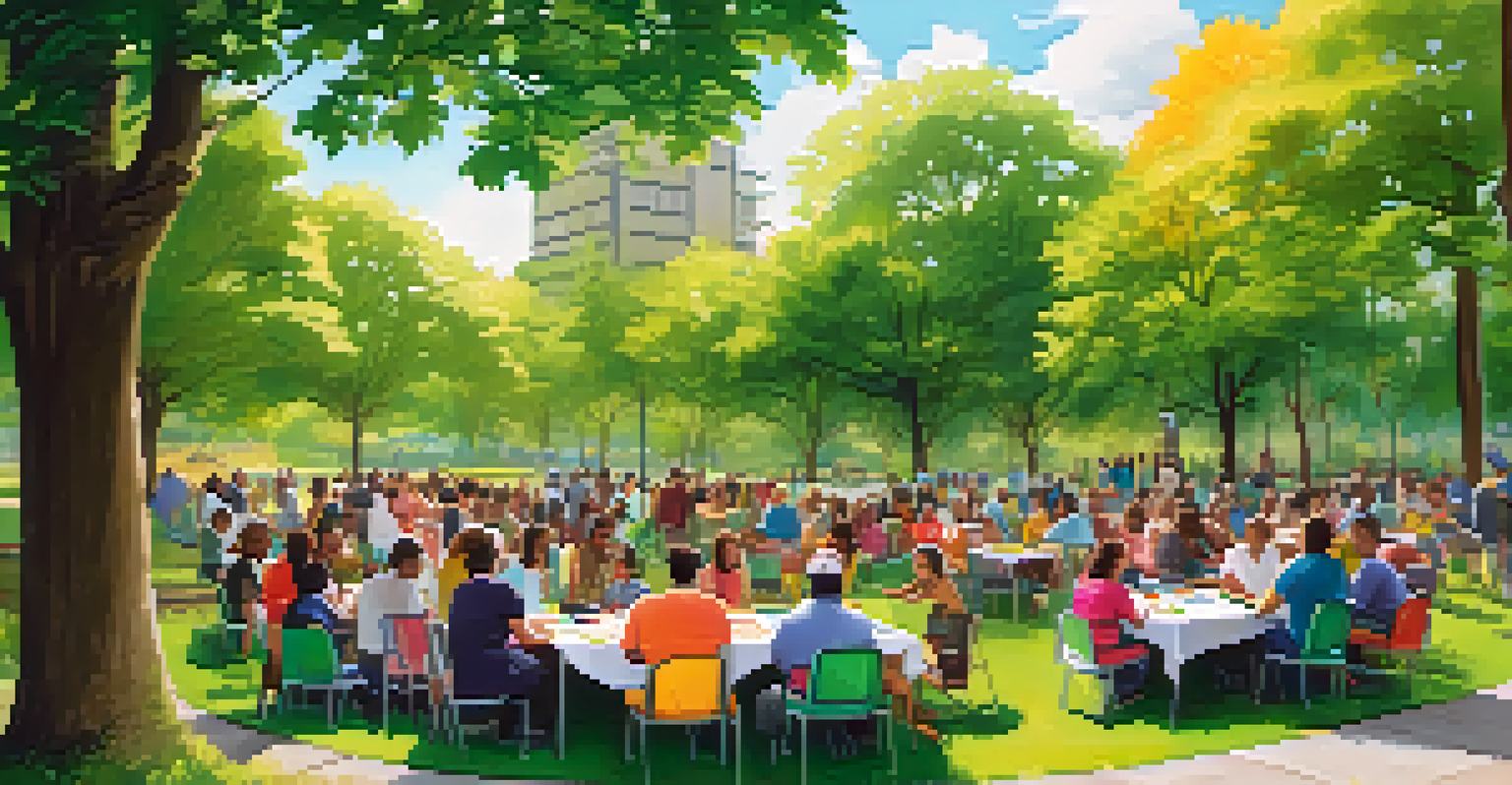 A community meeting in a park, with diverse residents discussing tax incentives surrounded by nature.