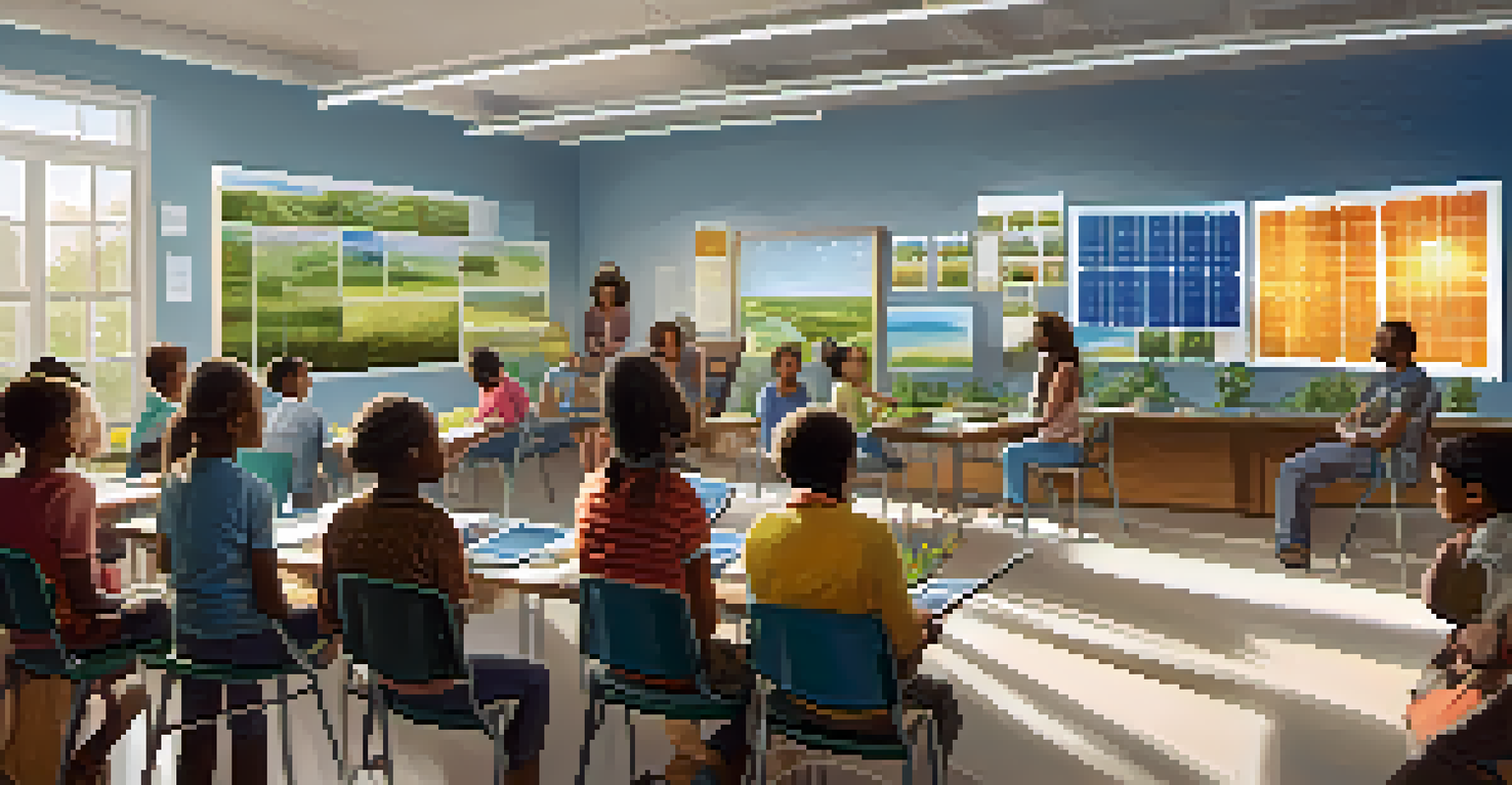 A community workshop with residents learning about solar energy, featuring a presenter and educational materials.