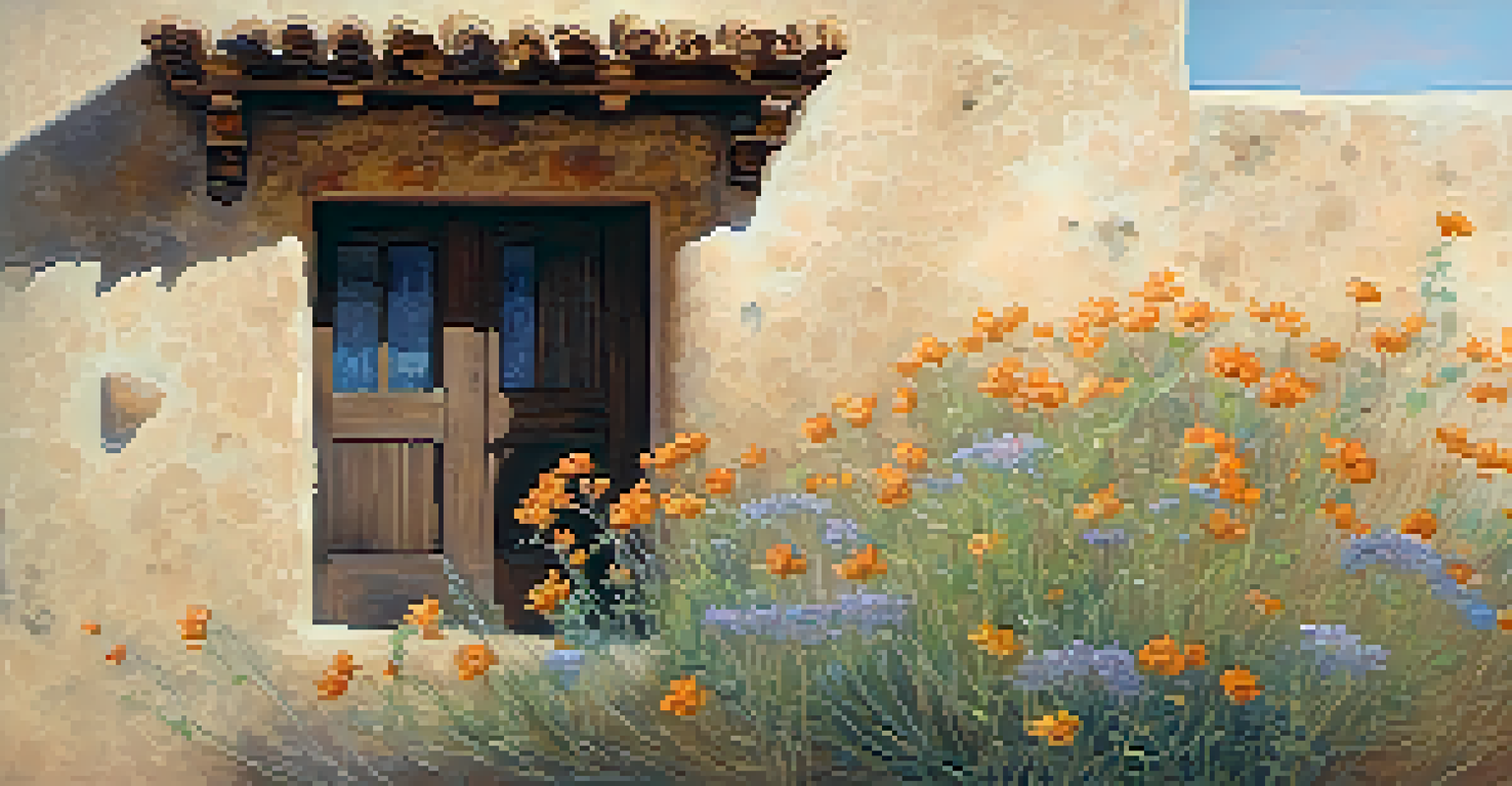 Close-up of a weathered stone wall of a Spanish mission with desert wildflowers in the foreground.