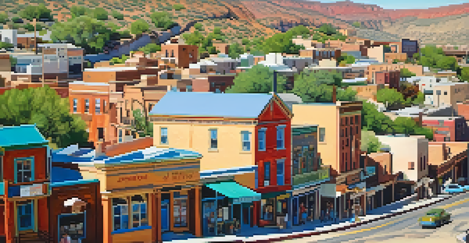 A vibrant street scene in Jerome, Arizona, showcasing colorful buildings and art.