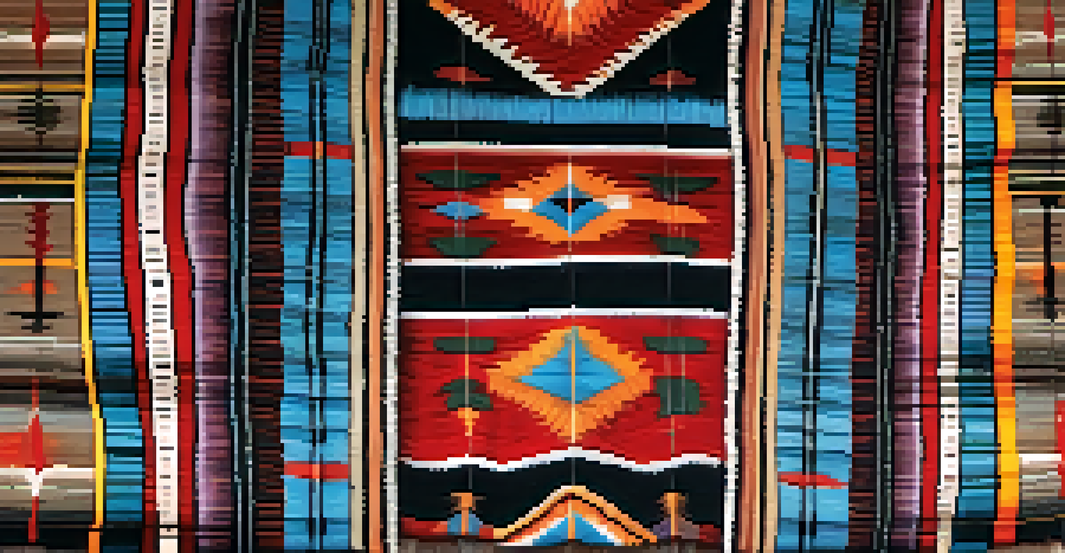 A close-up of a Navajo textile weaving on a loom, showcasing rich colors and intricate patterns, with hands at work.