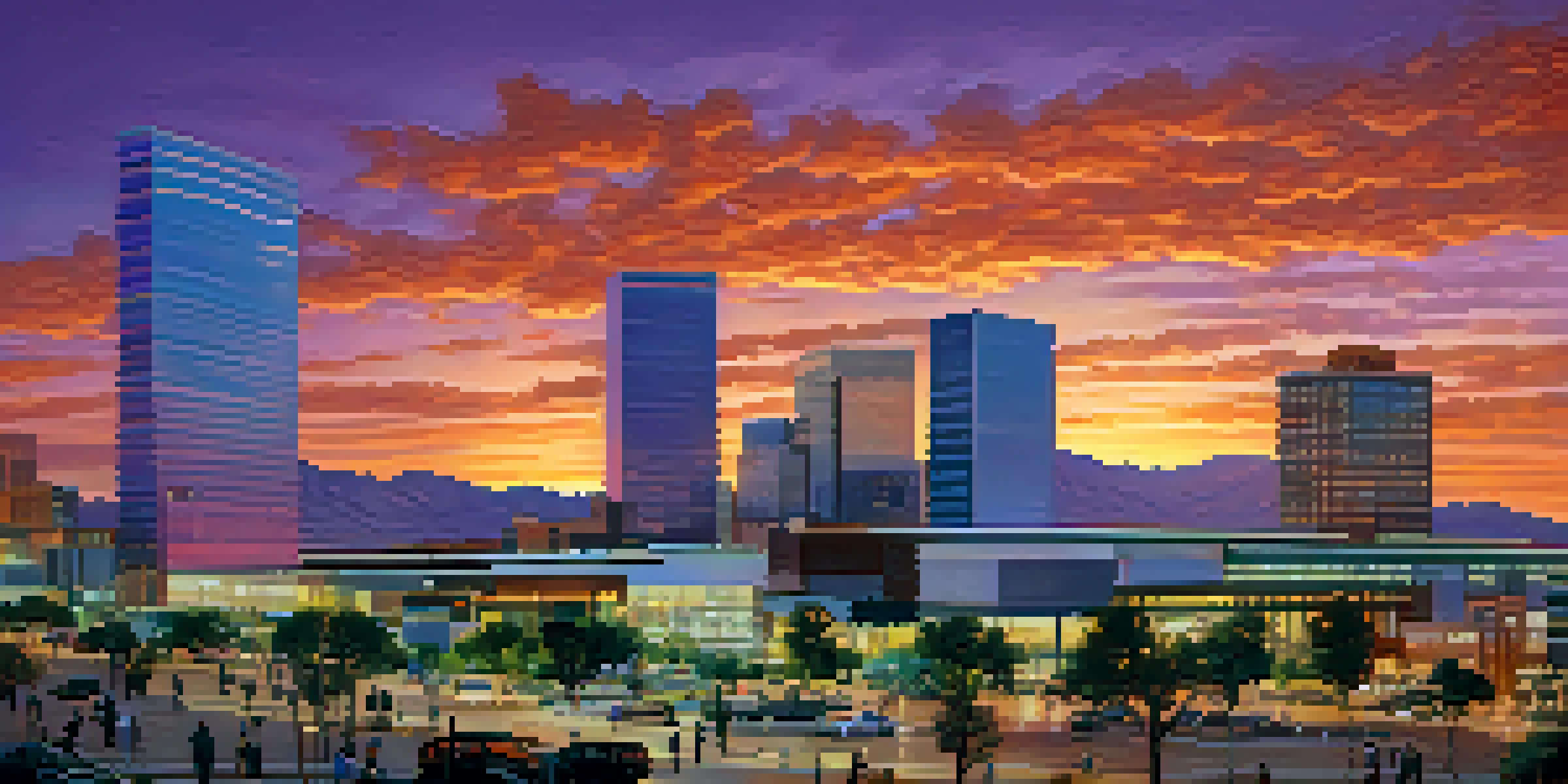 A city skyline of Phoenix at sunset with modern buildings, and diverse young professionals collaborating with laptops.