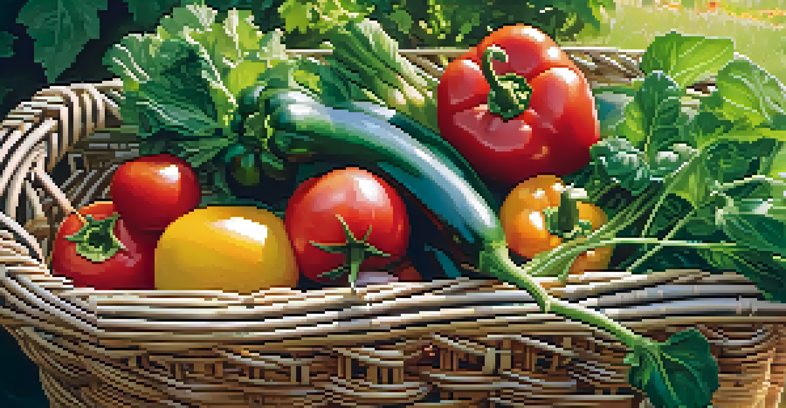 A close-up of freshly harvested organic vegetables in a basket, with sunlight illuminating their vibrant colors against a blurred garden backdrop.