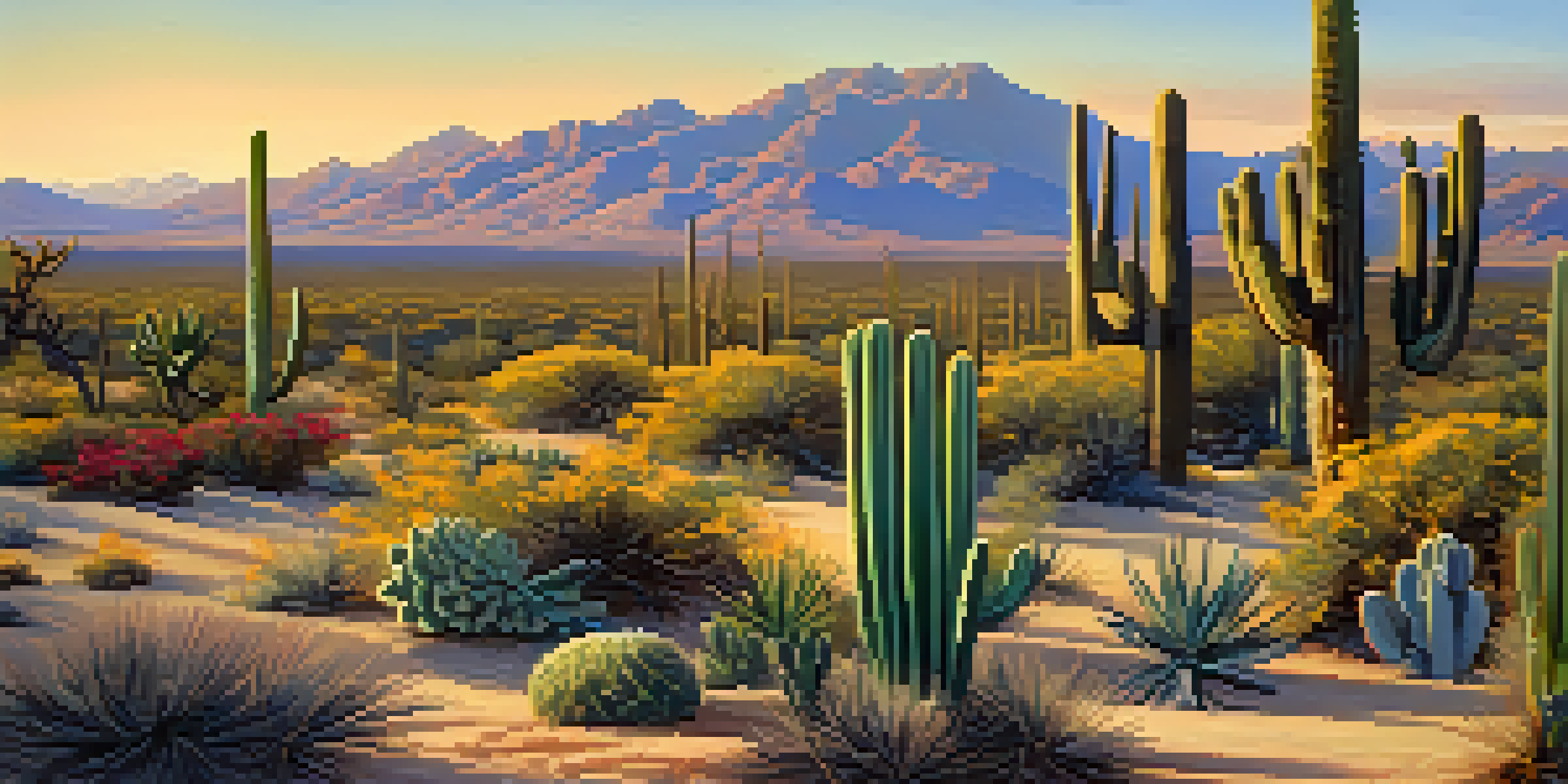 A colorful desert scene with different types of cacti and blooming wildflowers, illuminated by sunrise light.
