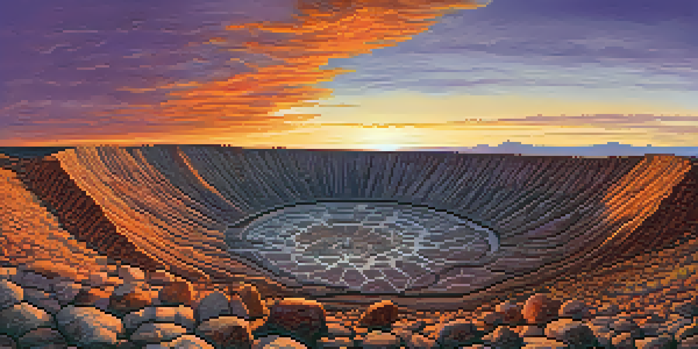 A wide view of Meteor Crater in Arizona at sunset, featuring deep shadows and vibrant sky colors.