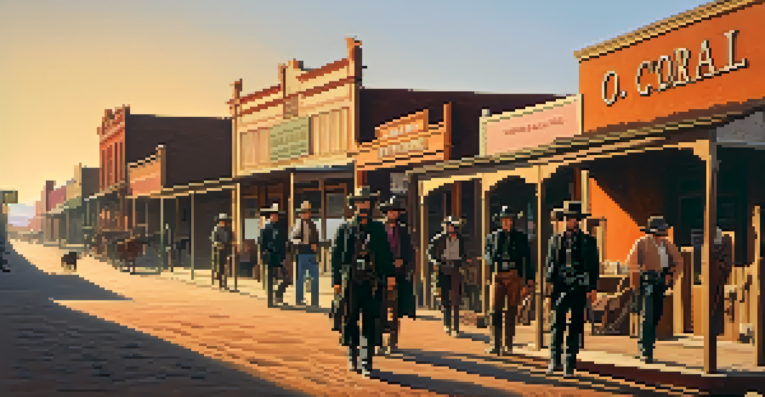 An artistic representation of Tombstone, Arizona, showing the O.K. Corral with cowboys and vintage storefronts under a sunset sky.