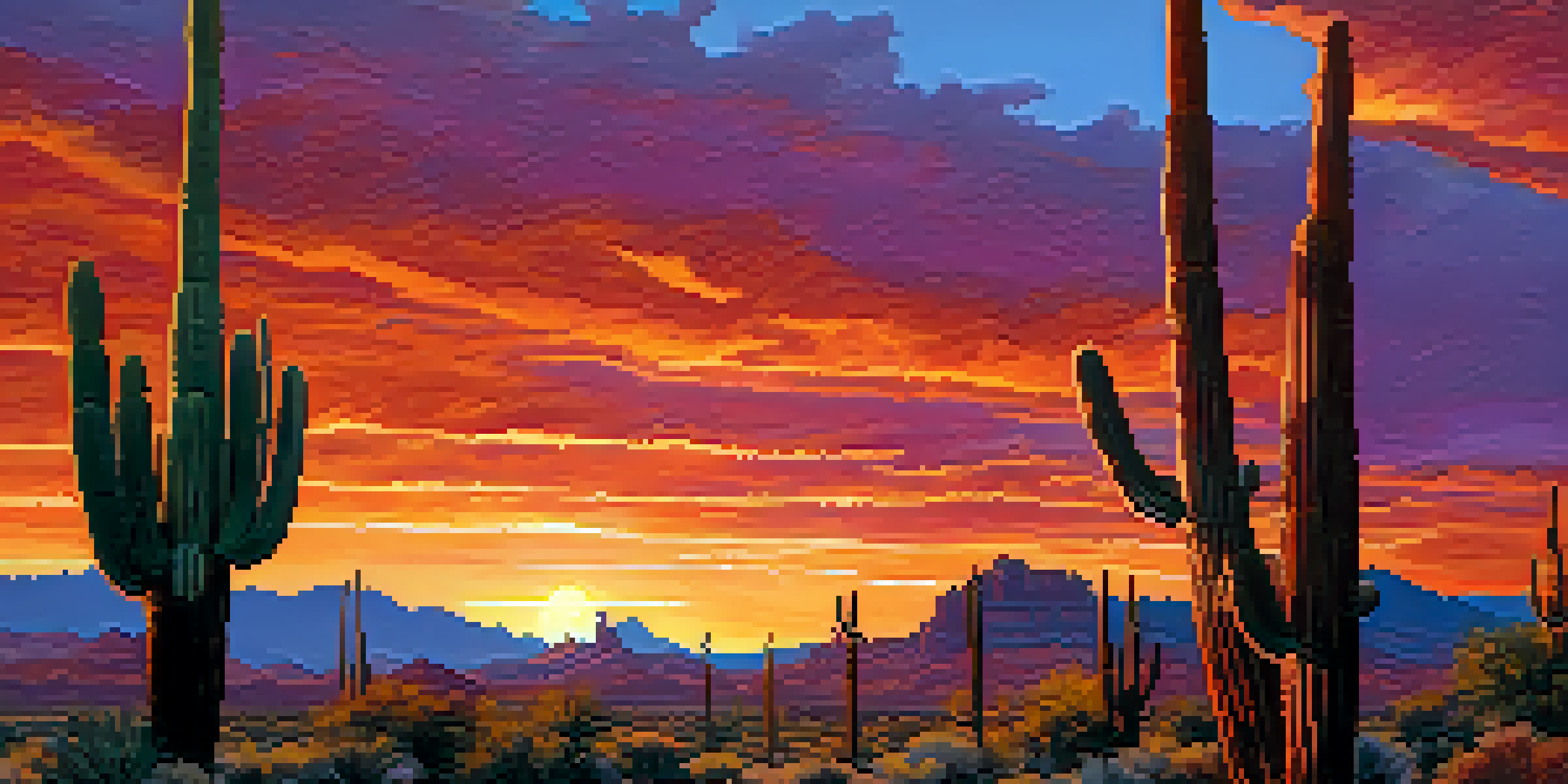 A sunset scene in the Arizona desert featuring silhouetted saguaro cacti and red rock formations under a colorful sky.