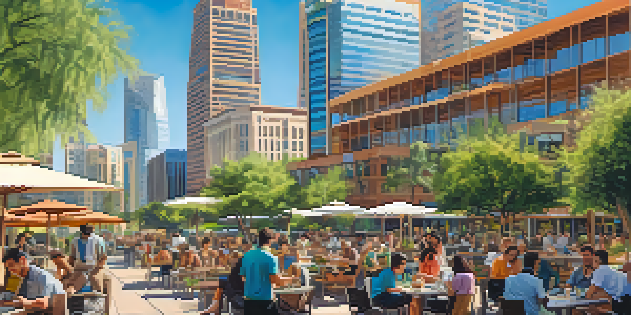 A sunny cityscape of Phoenix, Arizona, with modern buildings and people using laptops outdoors.