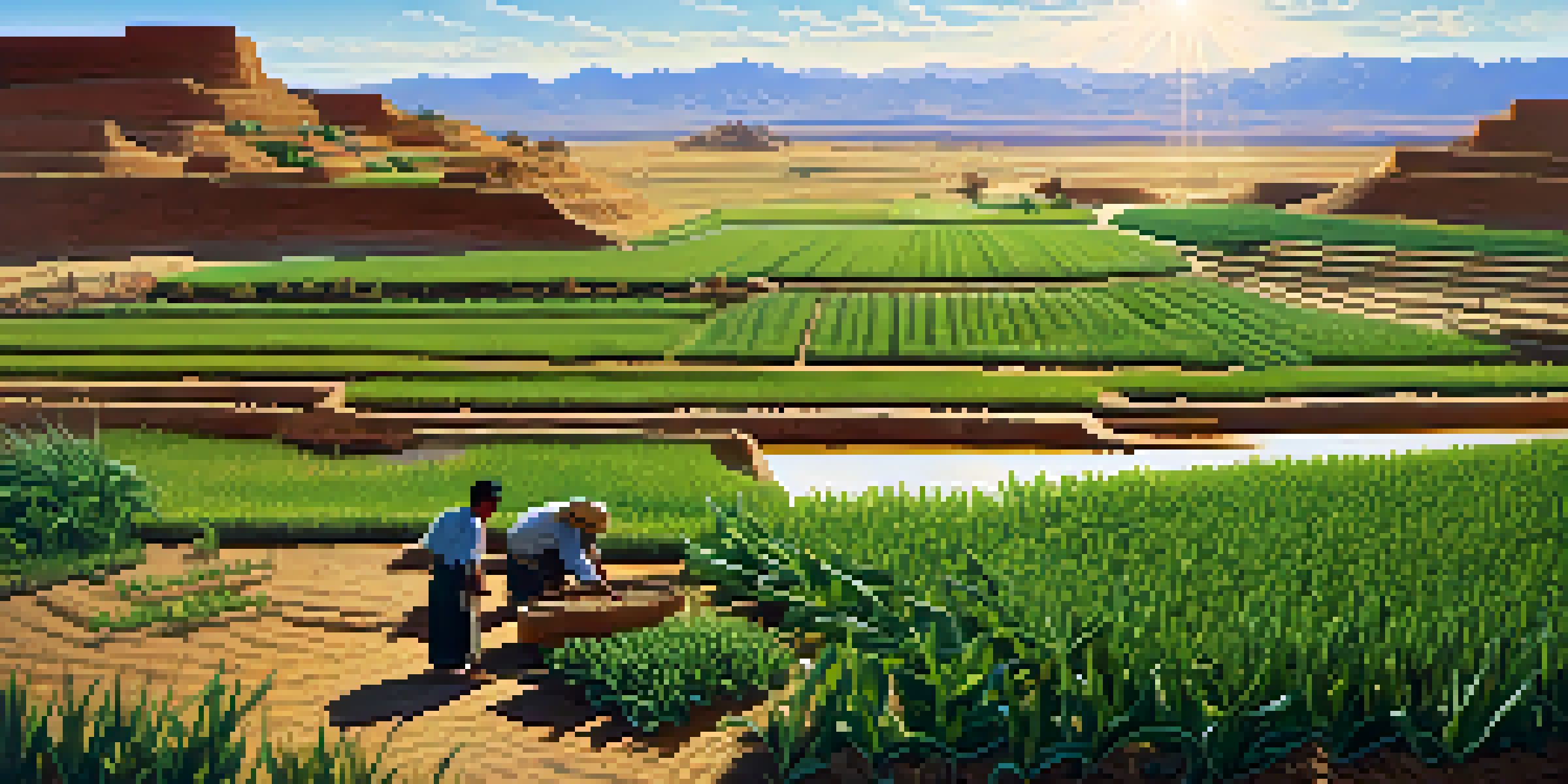 A farmer tending to terraced fields of corn and beans in a sunny landscape, showcasing traditional Hopi farming techniques.